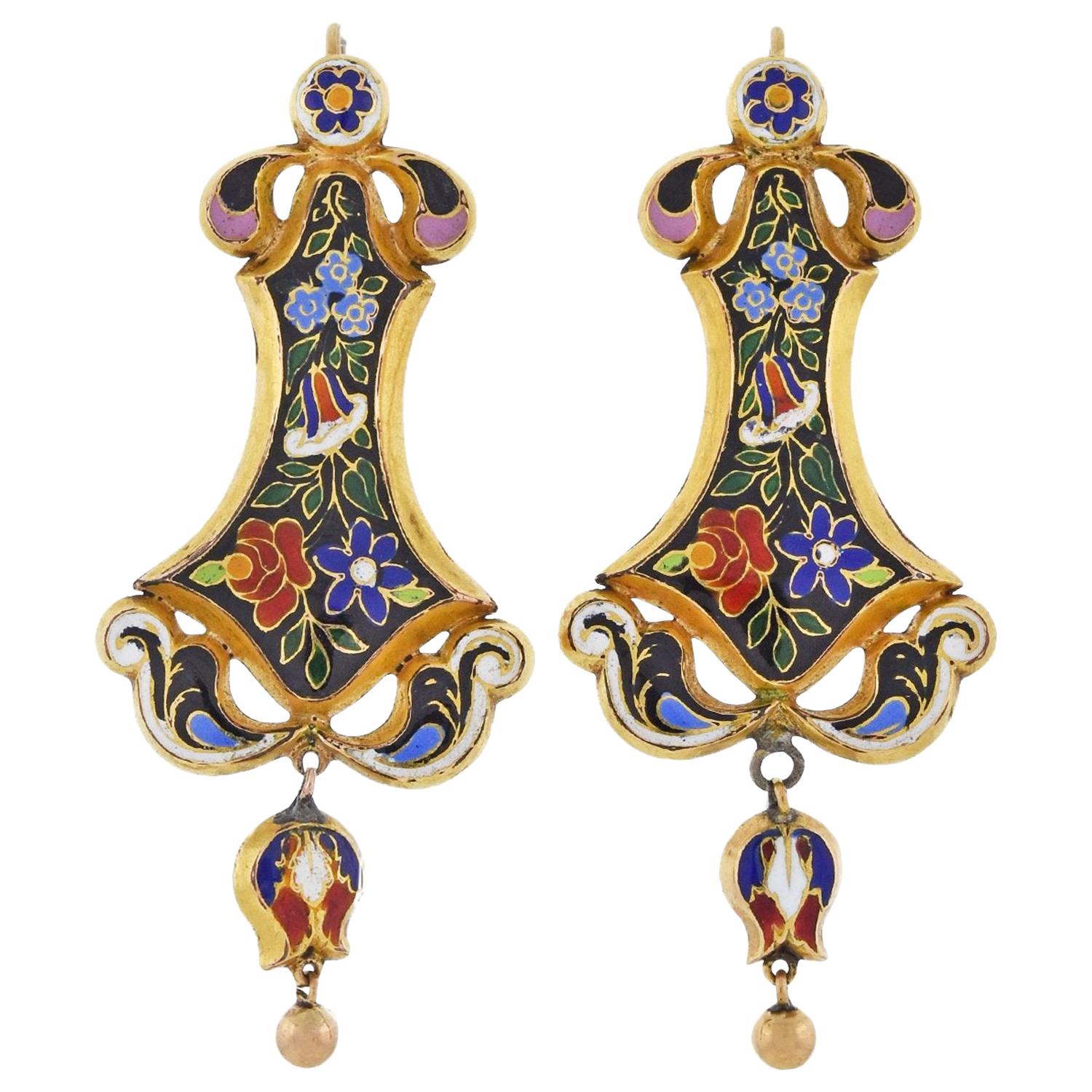 Victorian Floral Swiss Enamel Dangle Earrings