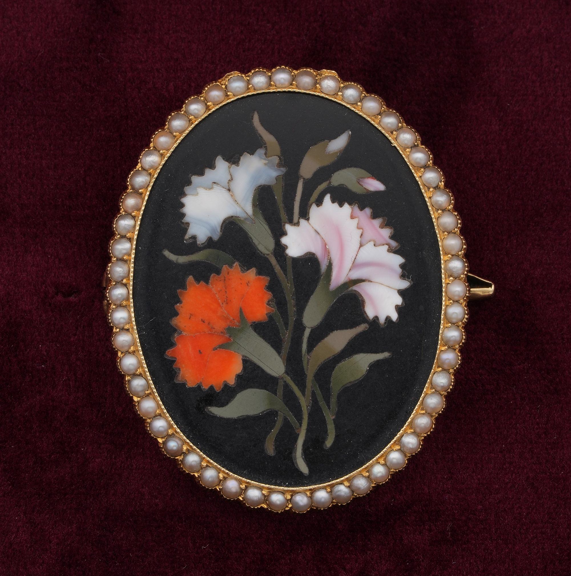 he Art Of Mosaic

Antique Victorian Period 1870 ca Florentine Pietra Dura Mosaic depicting Carnation flowers as Symbol of Purity and good luck in the flowers language
Colourful, rich flower composition, skilful inlayed into black slate background,