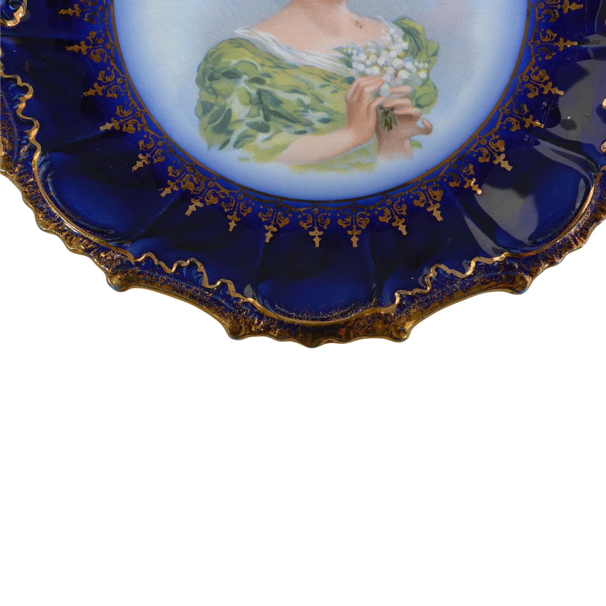 American Victorian Flow Blue Hand Painted Plate For Sale