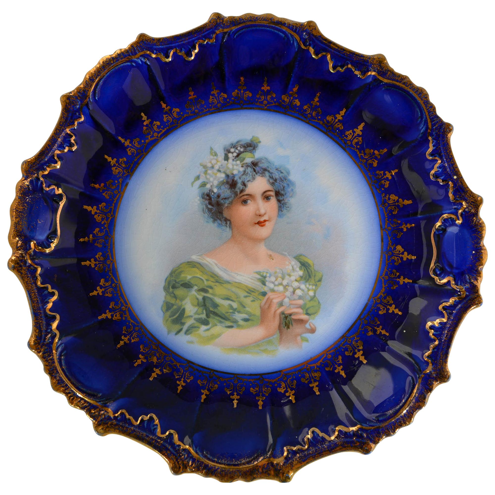 Victorian Flow Blue Hand Painted Plate For Sale