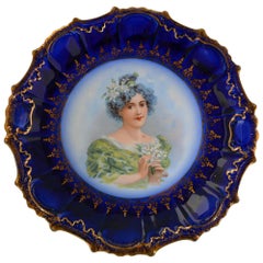 Antique Victorian Flow Blue Hand Painted Plate