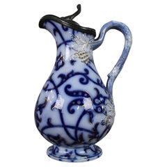 Victorian Flow Blue Relief-Moulded Jug with Pewter Lid, c.1850