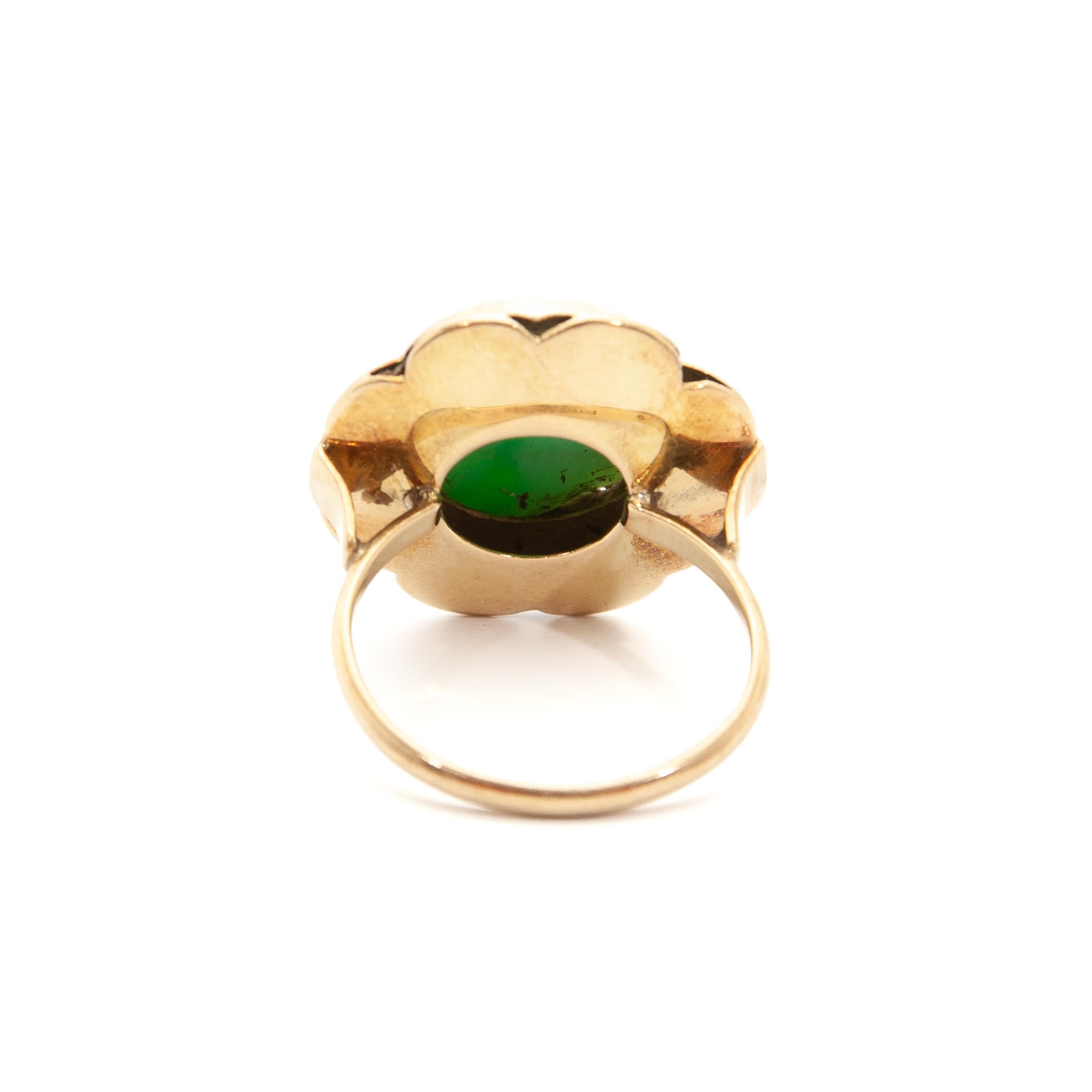 Women's Antique 14 Karat Gold Flower Carved Green Jade Ring