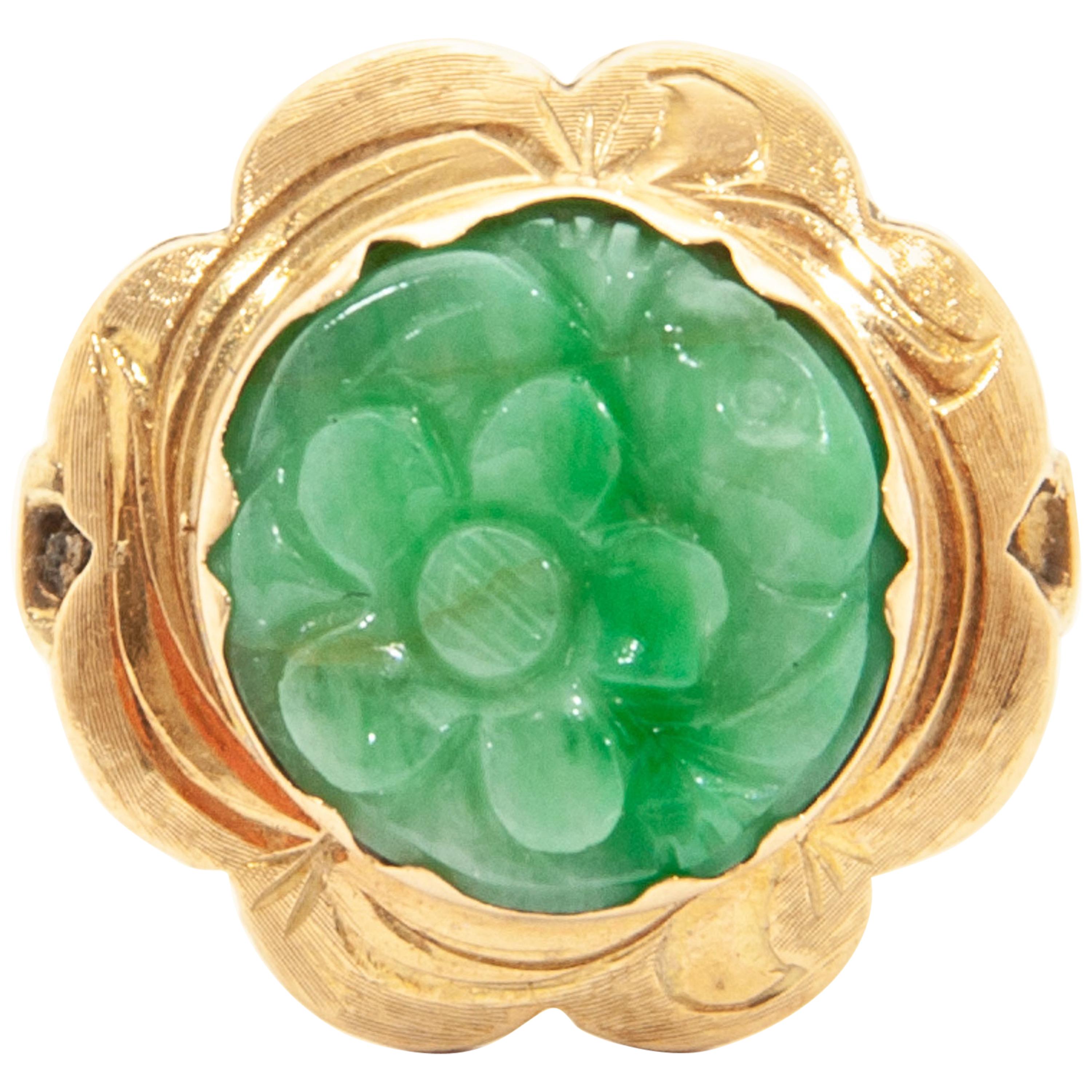 Antique 14 Karat Gold Flower Carved Green Jade Ring