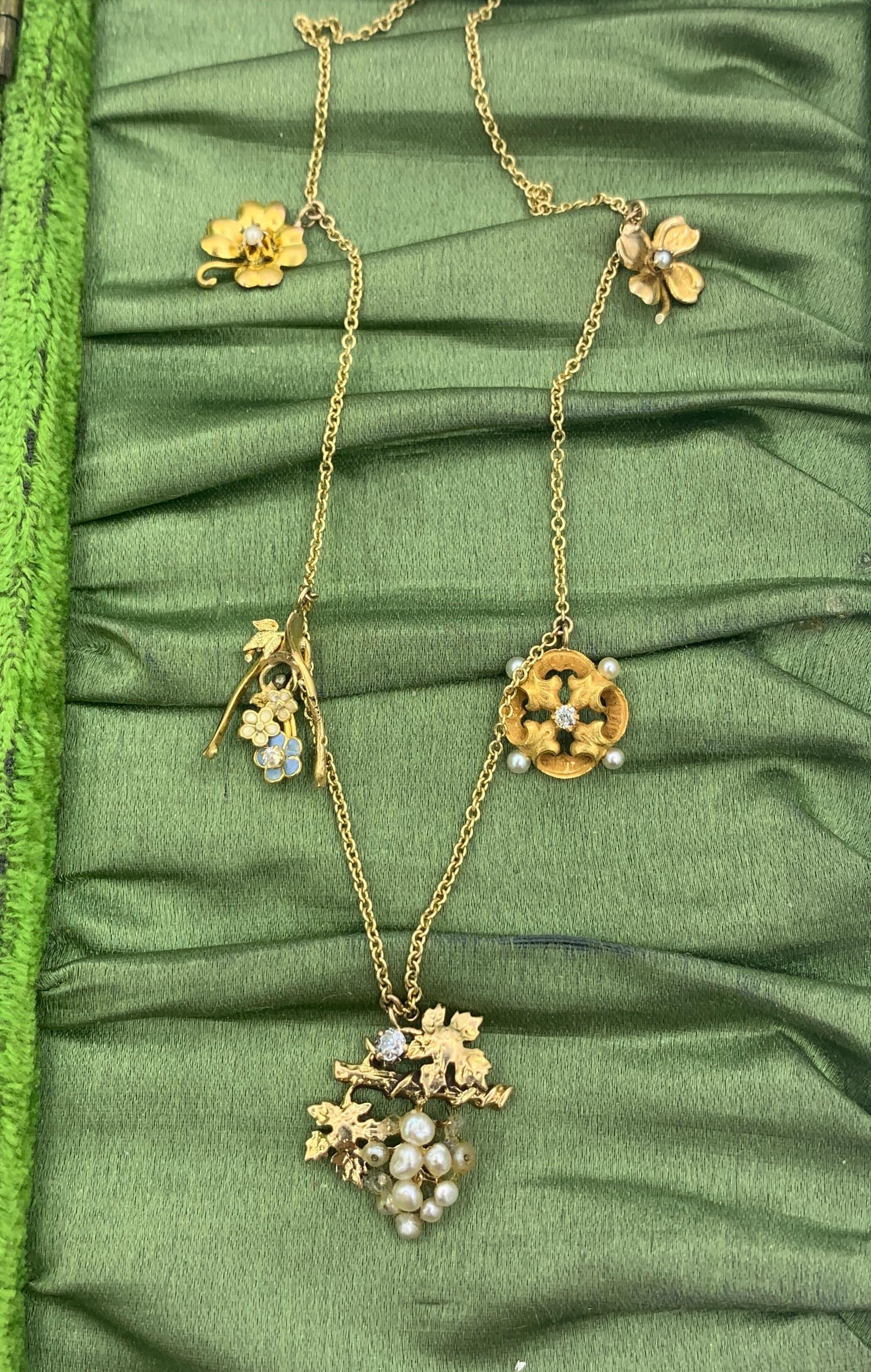 Old Mine Cut Victorian Flower Charm Necklace Old Mine Diamond Pearl Enamel 14 Karat Gold For Sale