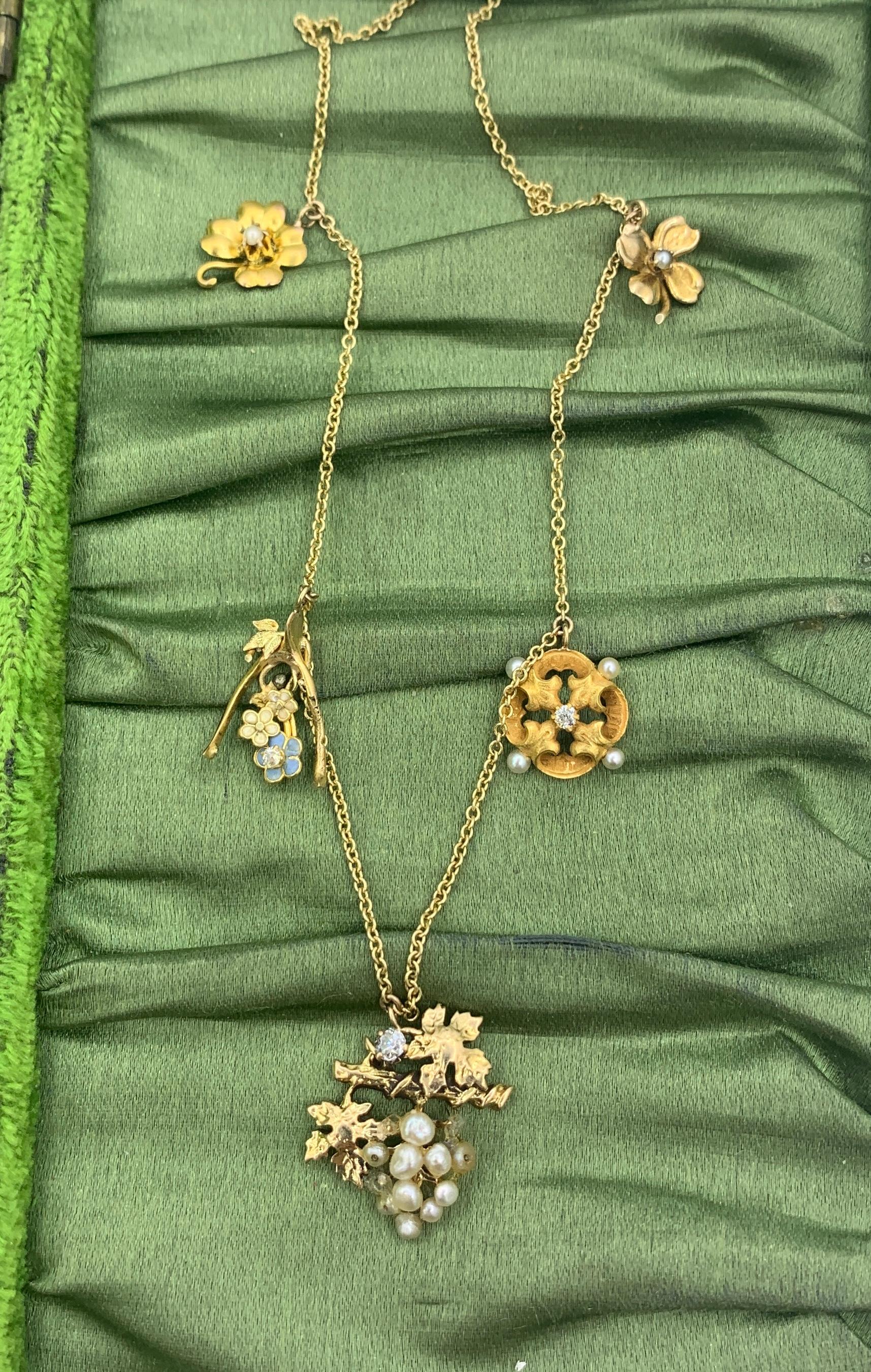 Collar Encanto Flor Victoriana Mina Antigua Diamante Perla Esmalte Oro 14 Kilates Victoriano en venta