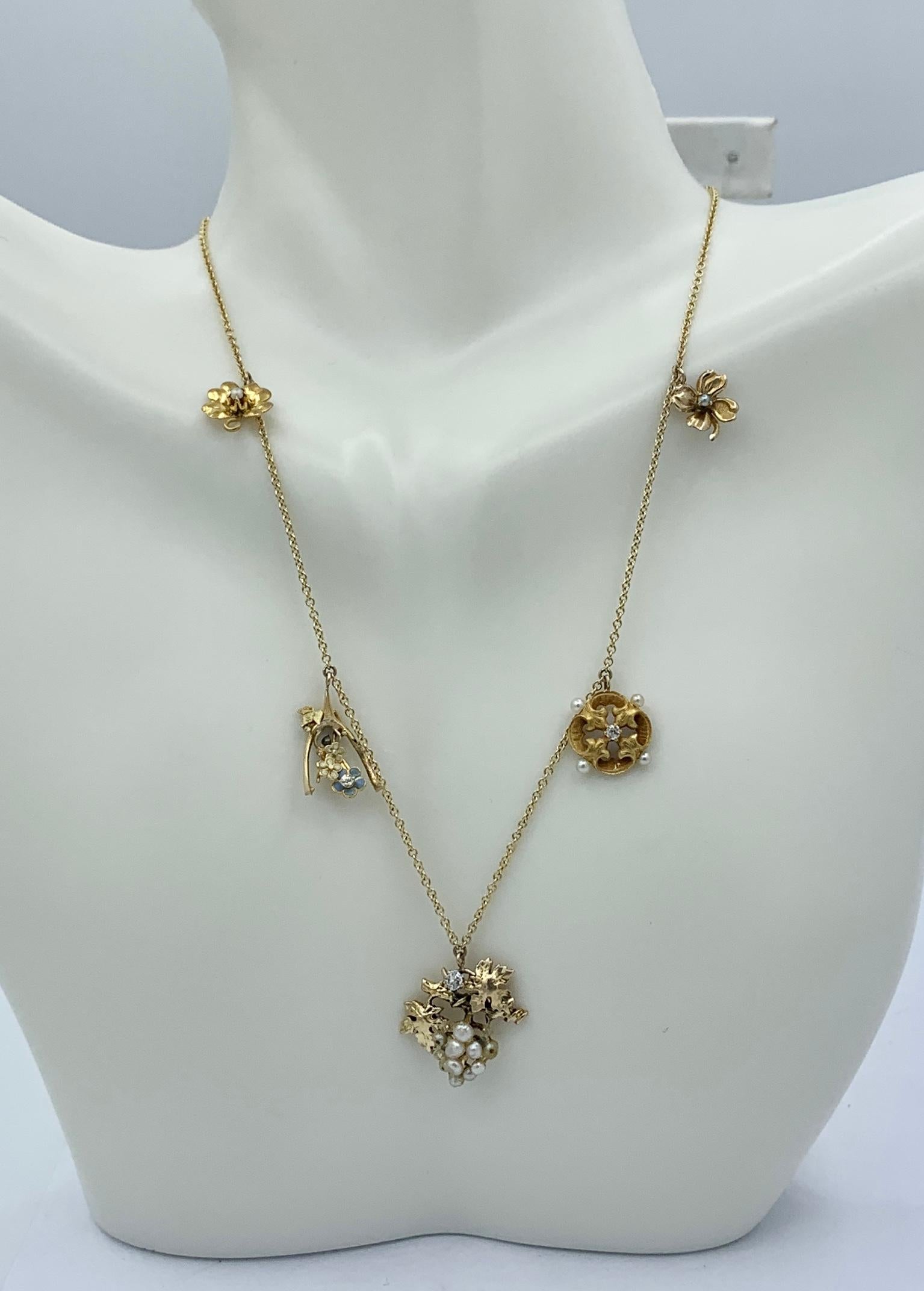 Women's Victorian Flower Charm Necklace Old Mine Diamond Pearl Enamel 14 Karat Gold For Sale
