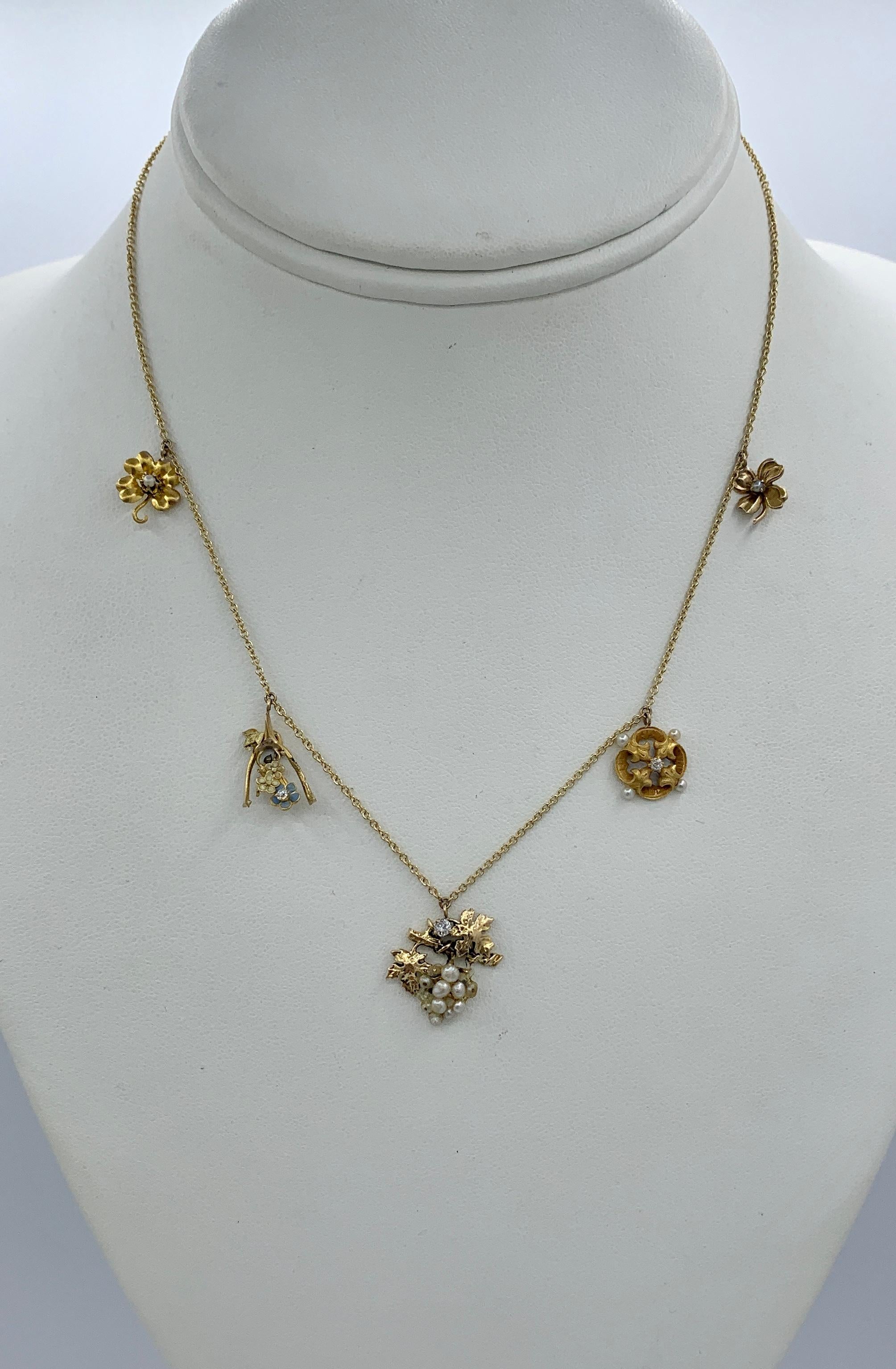 Victorian Flower Charm Necklace Old Mine Diamond Pearl Enamel 14 Karat Gold For Sale 1