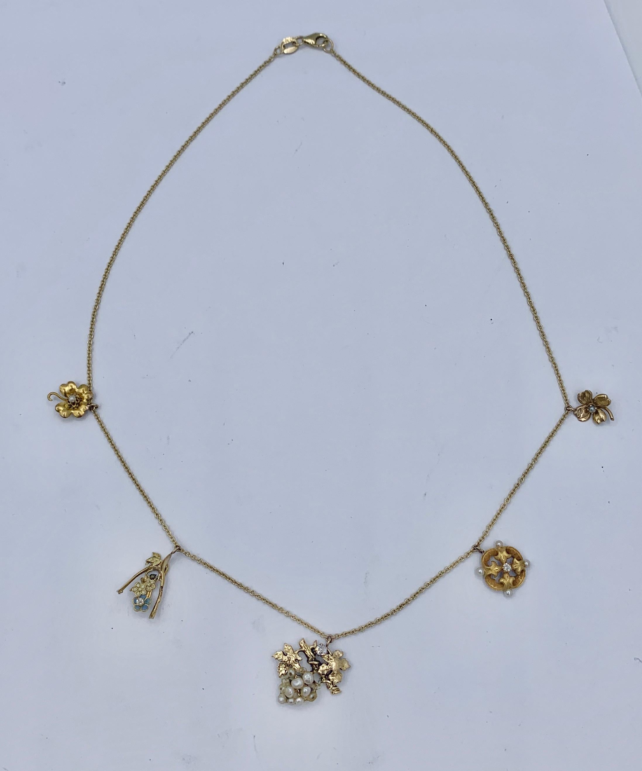 Victorian Flower Charm Necklace Old Mine Diamond Pearl Enamel 14 Karat Gold For Sale 2