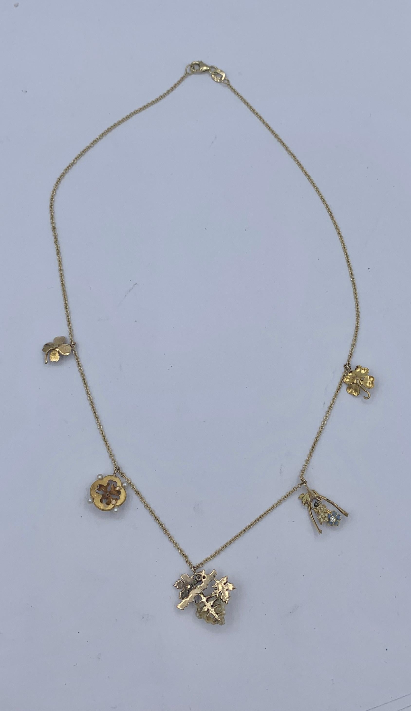 Victorian Flower Charm Necklace Old Mine Diamond Pearl Enamel 14 Karat Gold For Sale 3