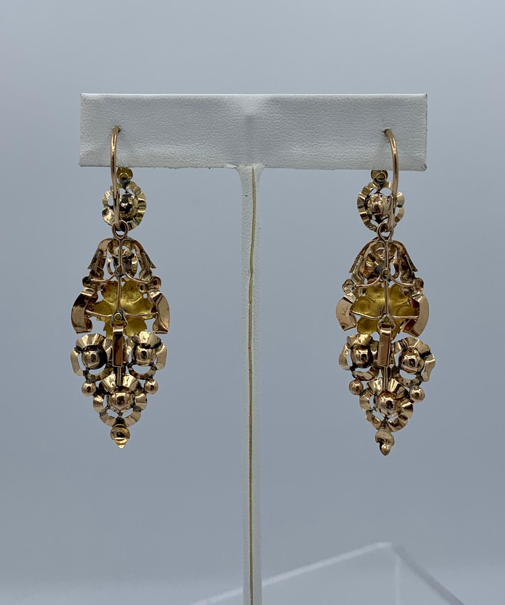 Victorian Flower Dangle Drop Day and Night Earrings 18 Karat Gold For Sale 9