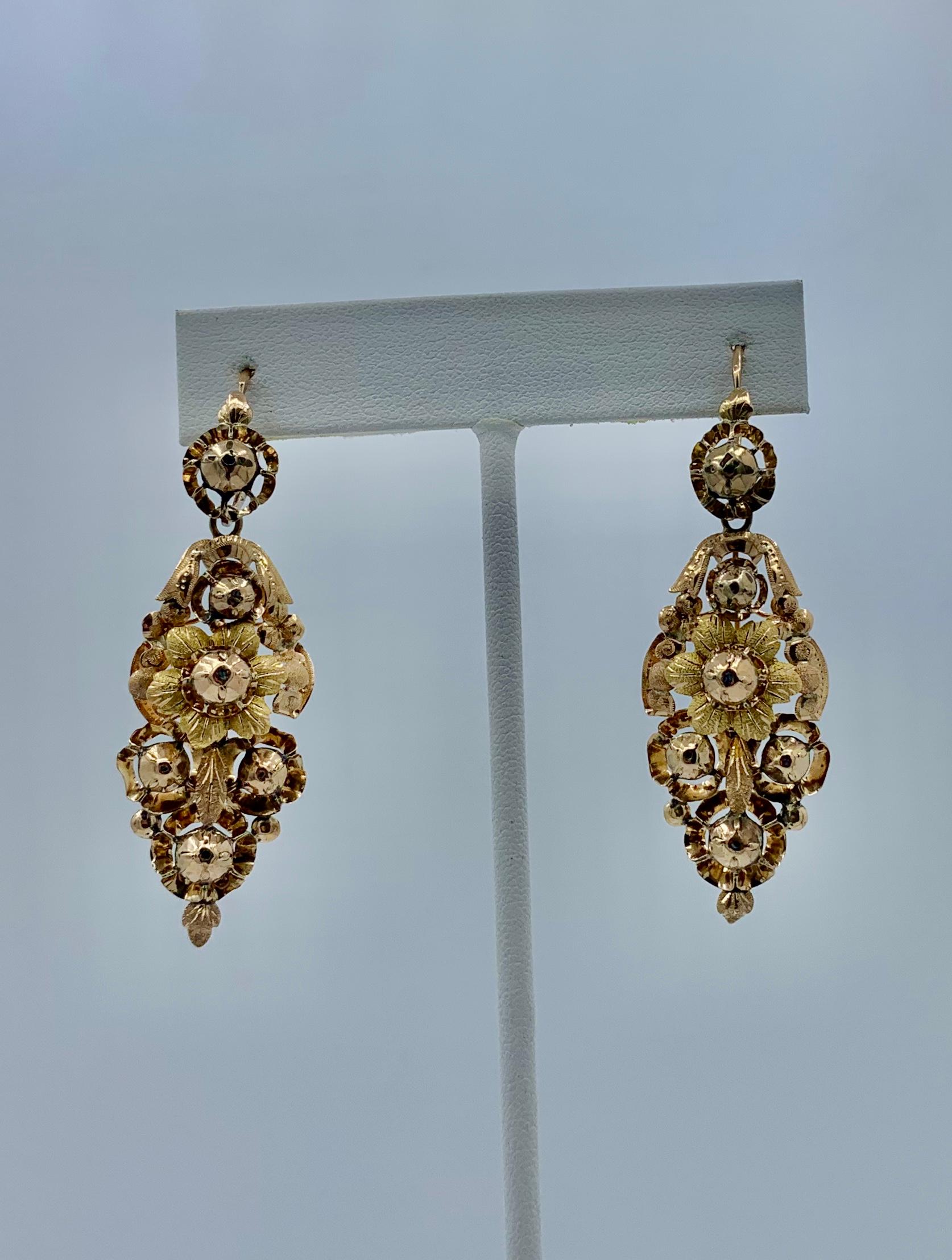 Women's Victorian Flower Dangle Drop Day and Night Earrings 18 Karat Gold For Sale