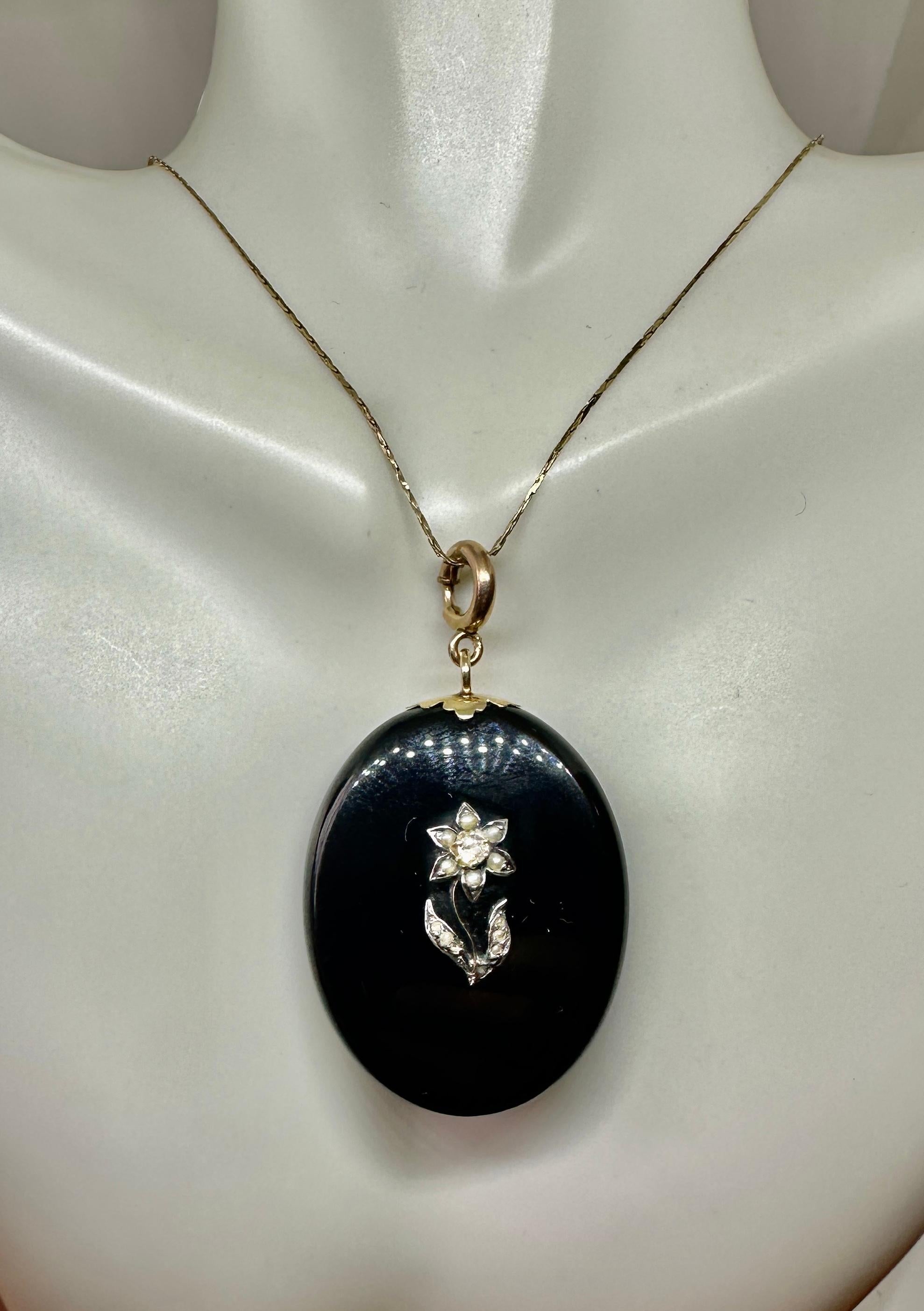 Art Deco Victorian Flower Locket Old Mine Cut Diamond Black Onyx Pearl Pendant Necklace For Sale