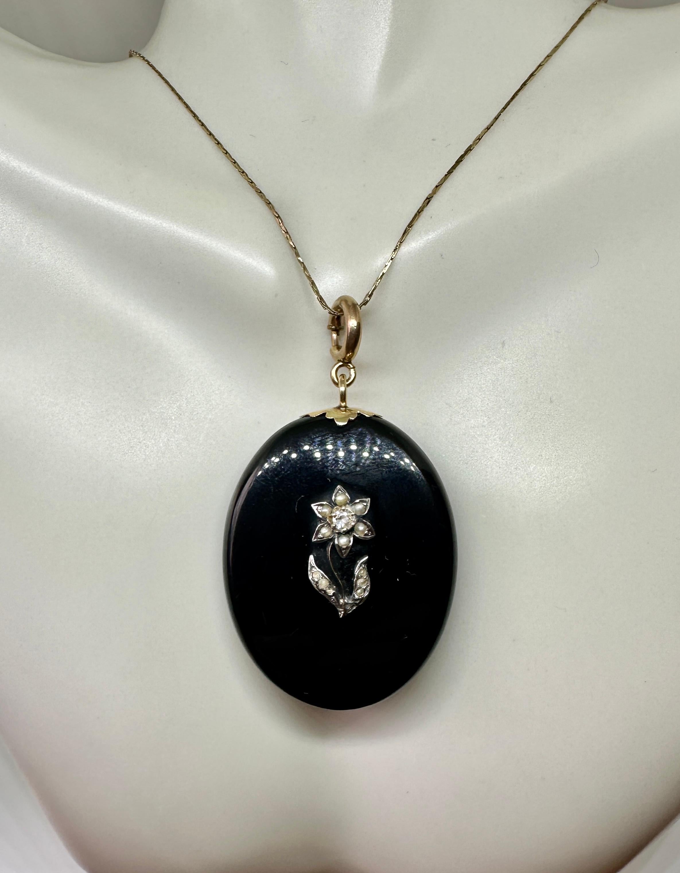Women's or Men's Victorian Flower Locket Old Mine Cut Diamond Black Onyx Pearl Pendant Necklace For Sale