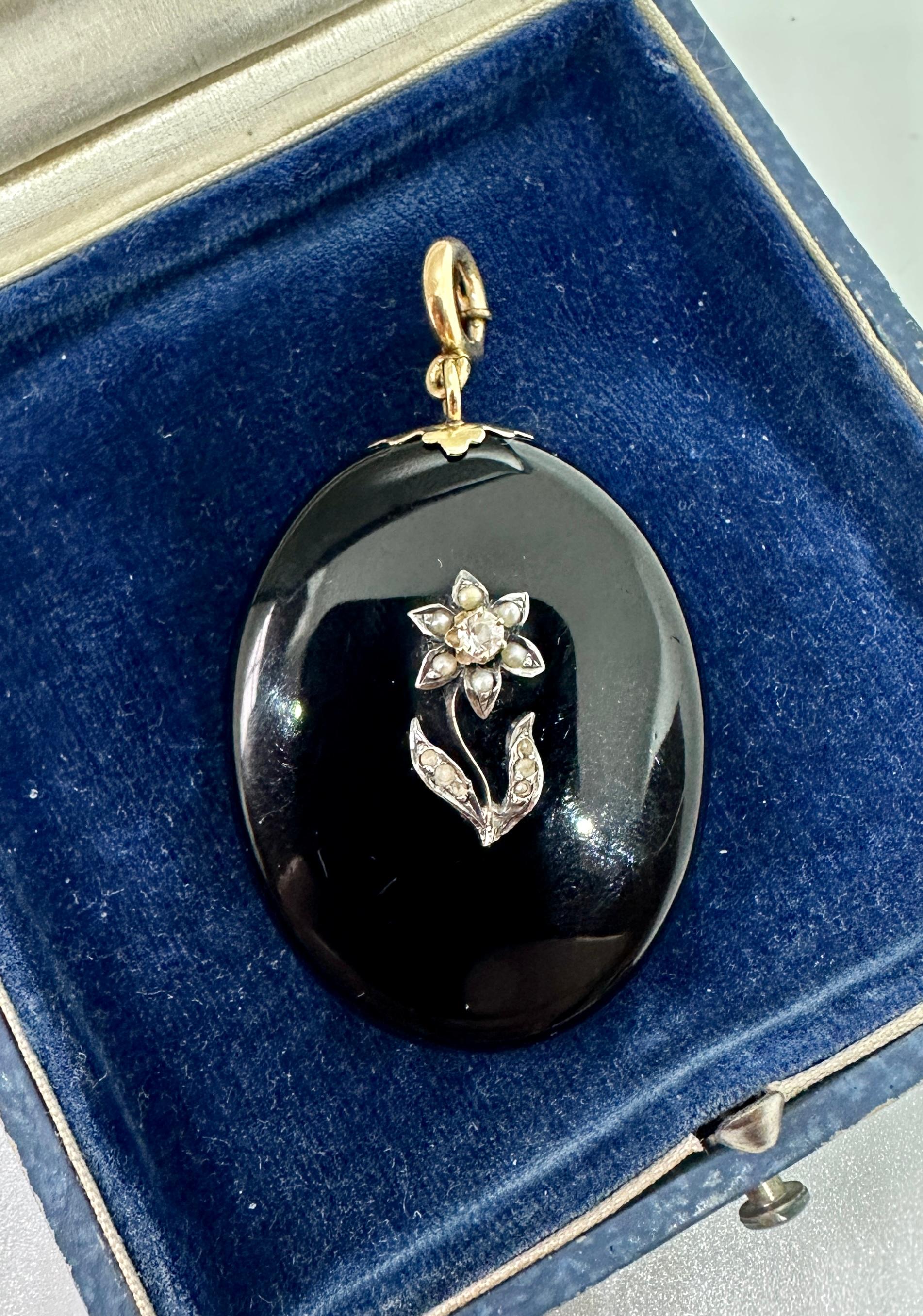 Victorian Flower Locket Old Mine Cut Diamond Black Onyx Pearl Pendant Necklace For Sale 1