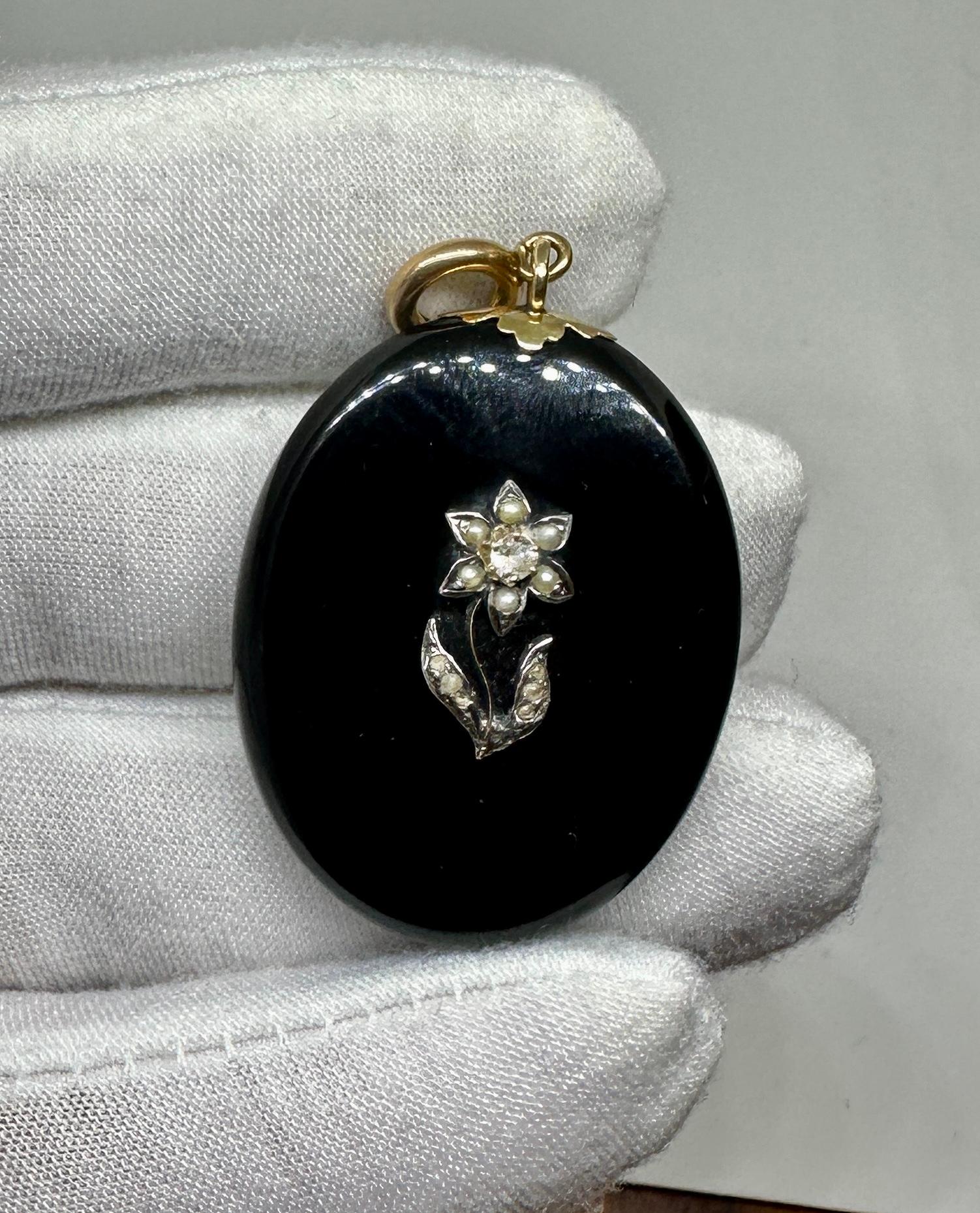 Victorian Flower Locket Old Mine Cut Diamond Black Onyx Pearl Pendant Necklace For Sale 2