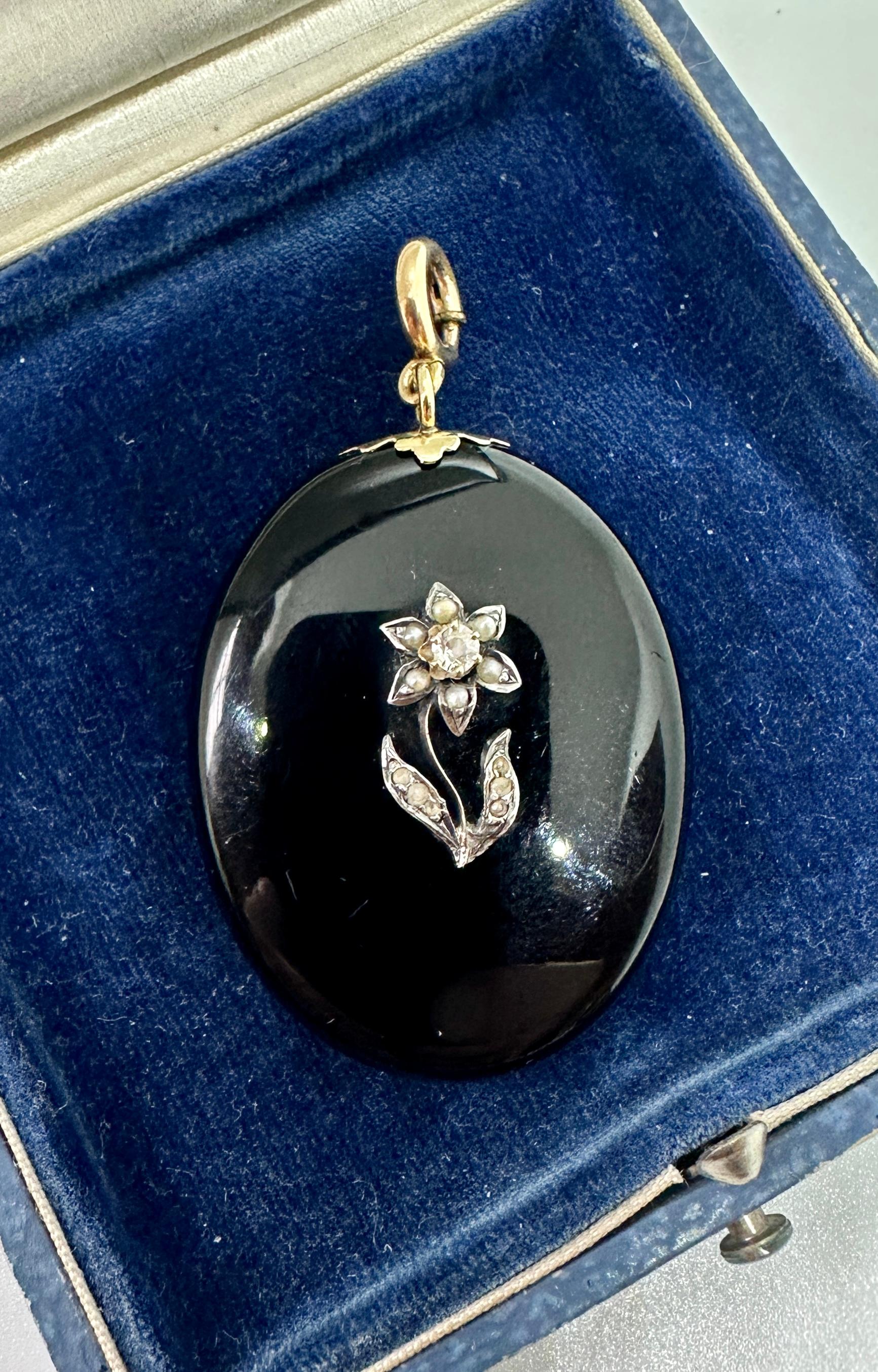 Victorian Flower Locket Old Mine Cut Diamond Black Onyx Pearl Pendant Necklace For Sale 4