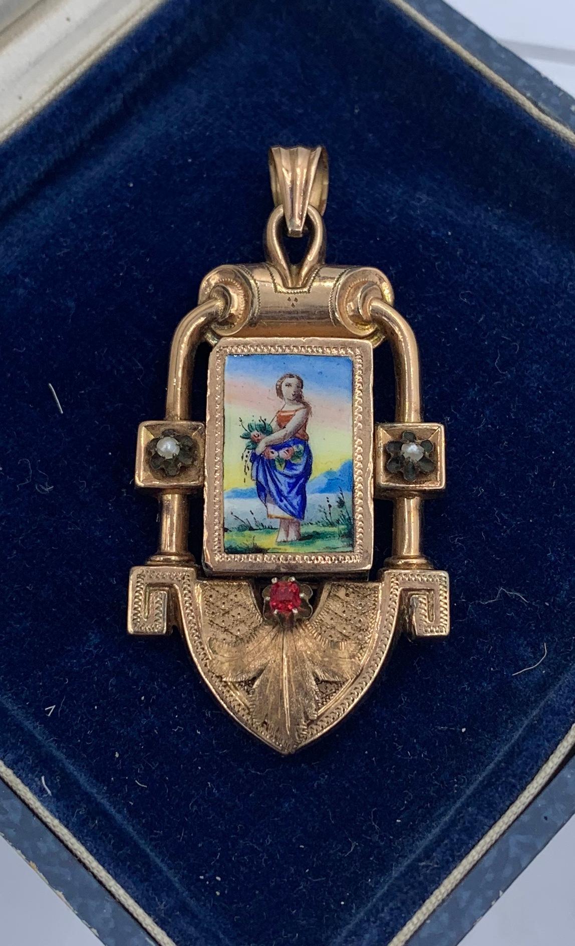Round Cut Victorian Flower Maiden Locket Enamel Ruby Pearl 14 Karat Gold Etruscan Revival For Sale
