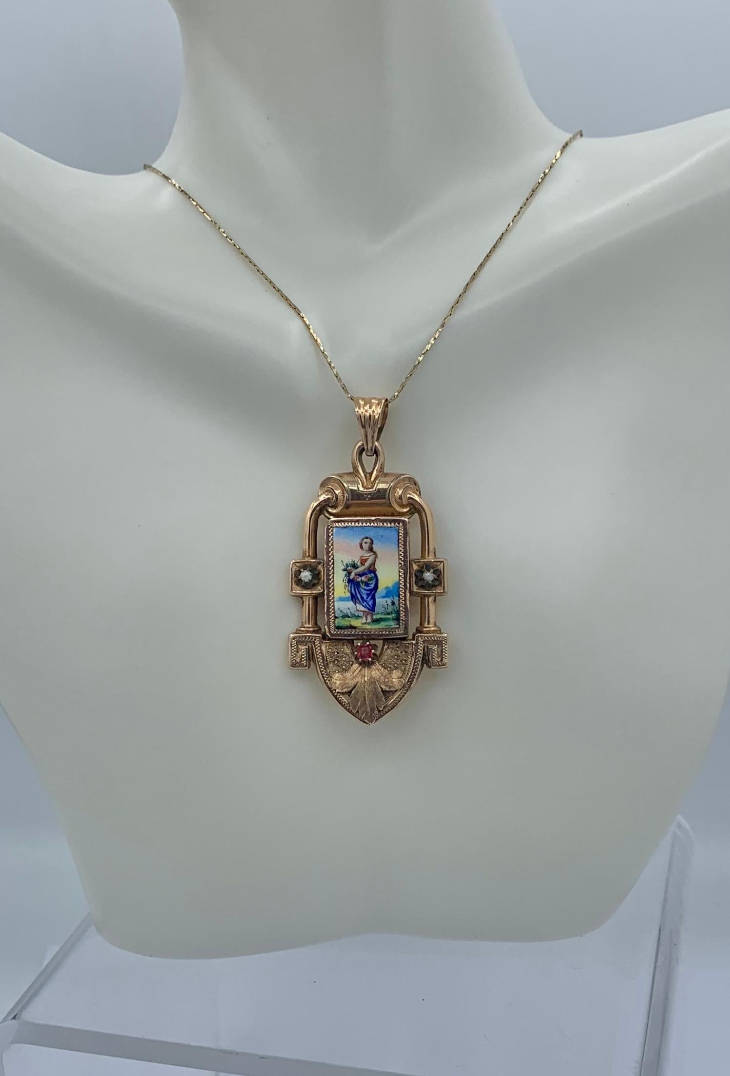 Victorian Flower Maiden Locket Enamel Ruby Pearl 14 Karat Gold Etruscan Revival In Good Condition For Sale In New York, NY