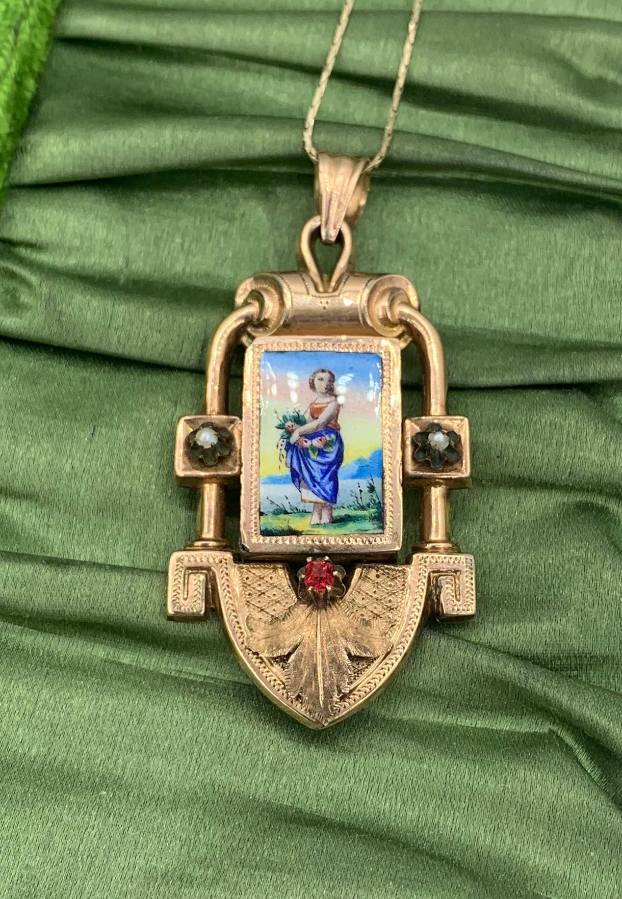 Women's Victorian Flower Maiden Locket Enamel Ruby Pearl 14 Karat Gold Etruscan Revival For Sale