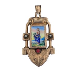 Medaglione Vittoriano della Fanciulla in Fiore Smalto Rubino Perla Oro 14 Carati Revival Etrusco