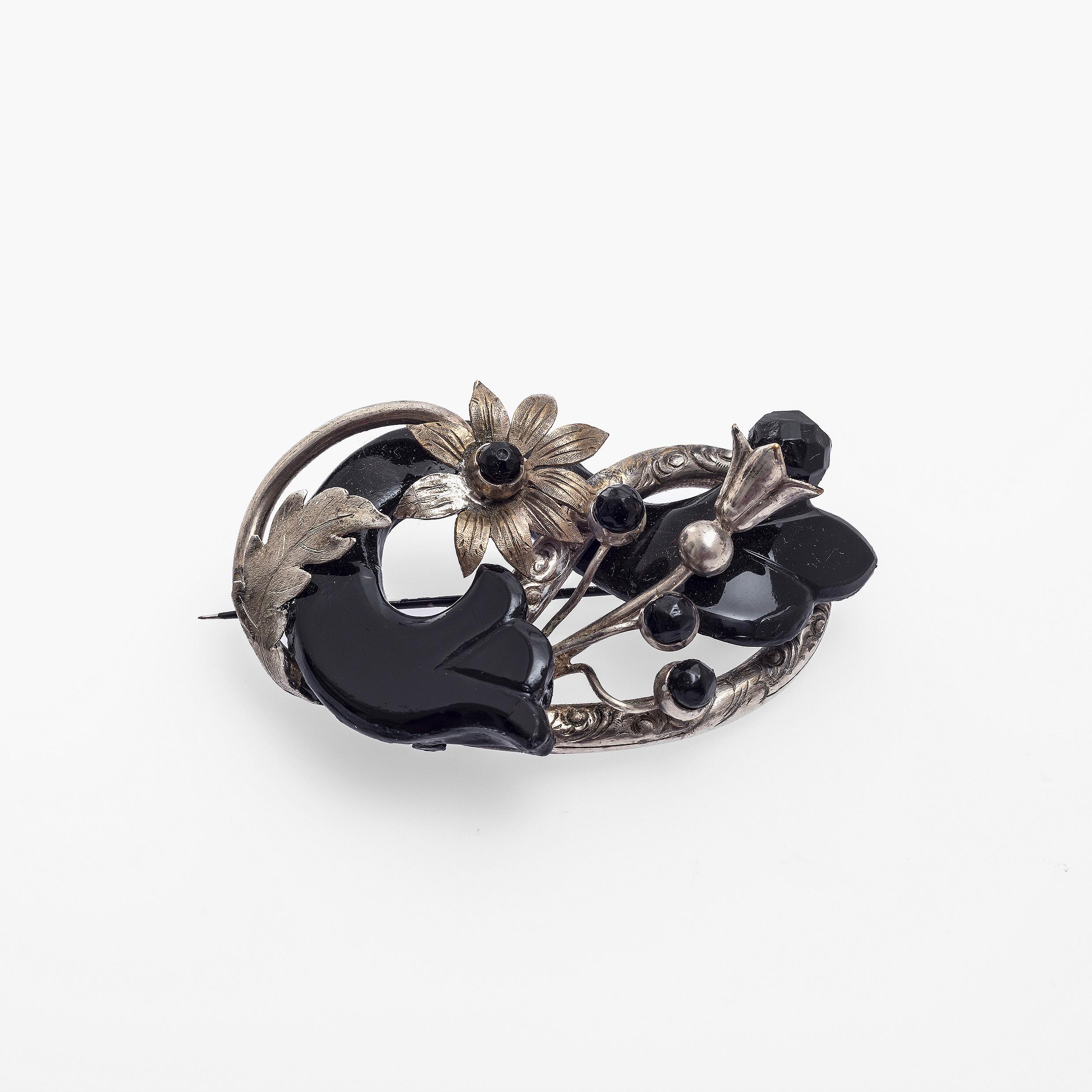 Demi Parure-Armband/Brosche, viktorianische Blume, Onyx Silber Damen im Angebot