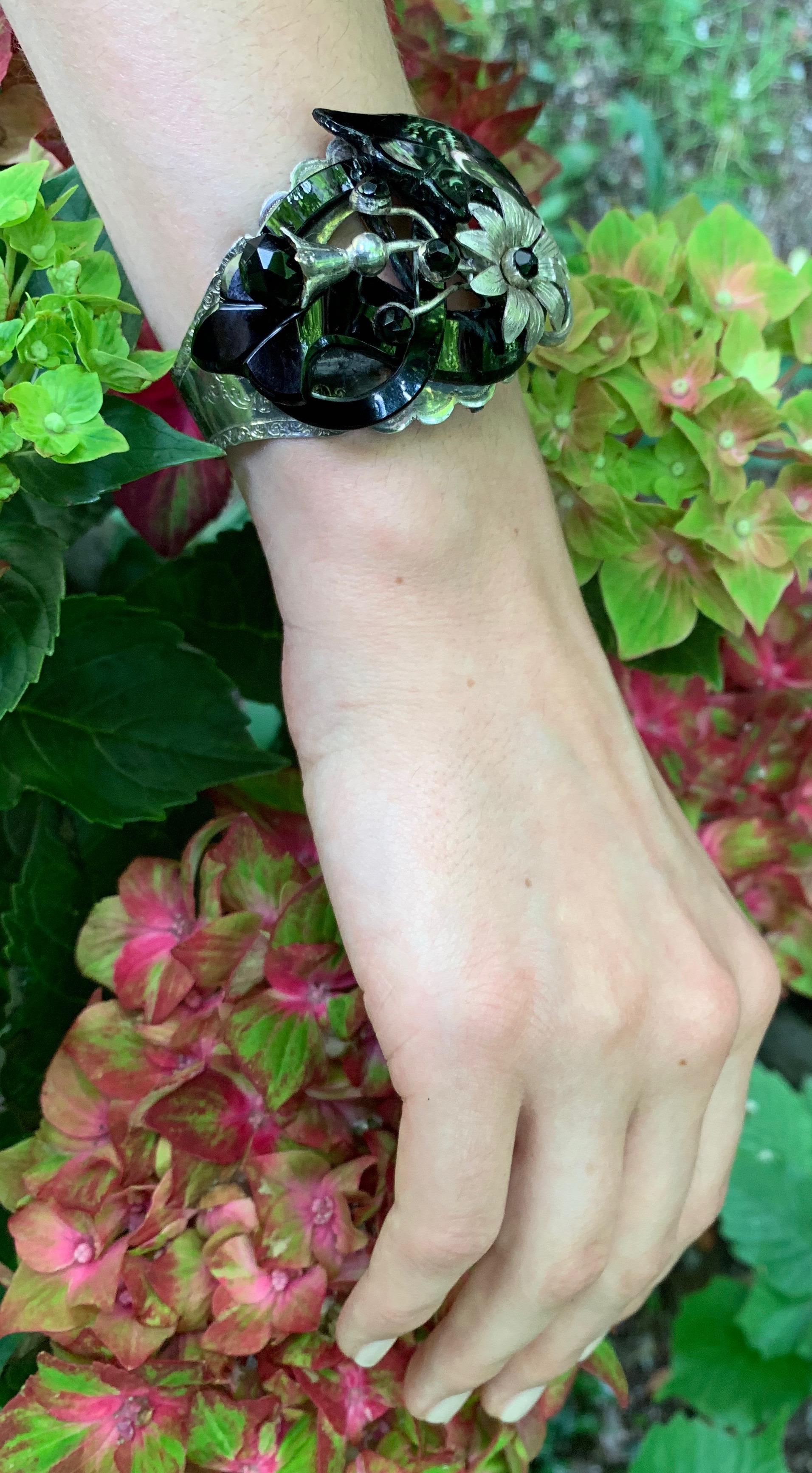Demi Parure-Armband/Brosche, viktorianische Blume, Onyx Silber im Angebot 2