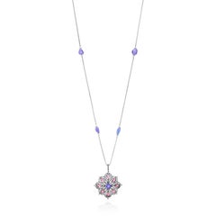 Victorian Flower Pendant Necklace in Tanzanite & Pink Tourmaline with Diamond