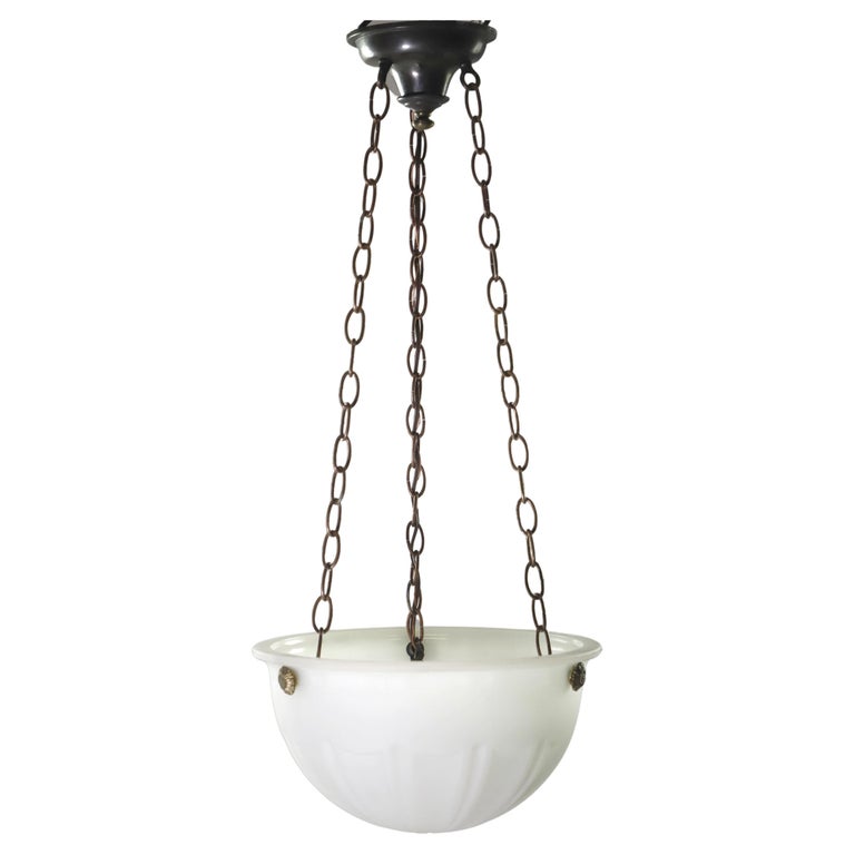 Victorian Fluted Milk Glass Dish Brass Chain Pendant Light For Sale at