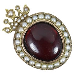 Antique Victorian Foiled Garnet Cabochon Seed Pearl 15ct Rose Gold Heart Crown Pendant