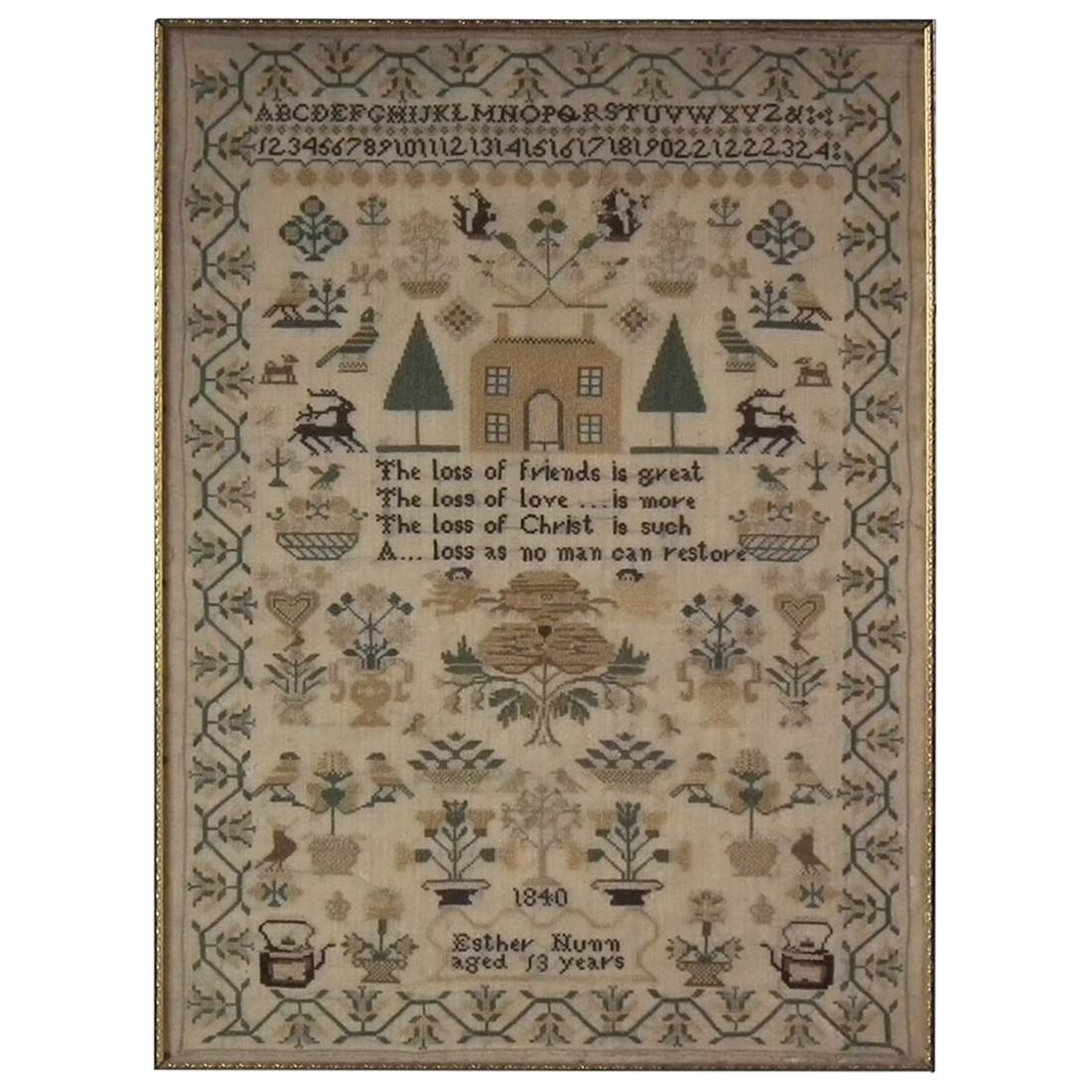 Victorian Folk Art Textile Sampler, Dated 1840 by Esther Nunn