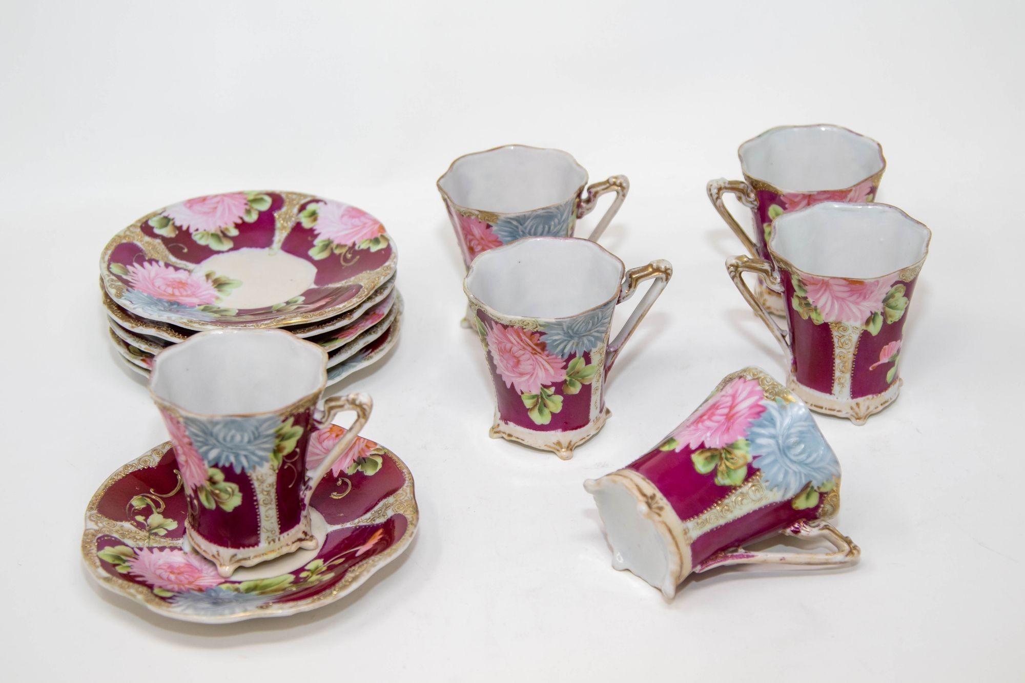 Victorian Footed Porcelain TeaCup and Saucer Set of 6 Circa 1930 For Sale 9
