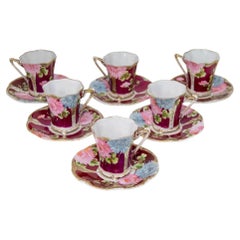 Victorian Footed Porcelain TeaCup and Saucer Set of 6 Circa 1930