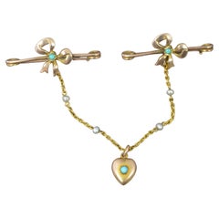 Victorian Forget Me Not 9ct Rose Gold Turquoise Pearl Ribbon Heart Brooch Set