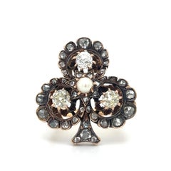 Victorian Four Leaf Clover Ring Old Mine Diamonds & Natural Pearl Gemstone