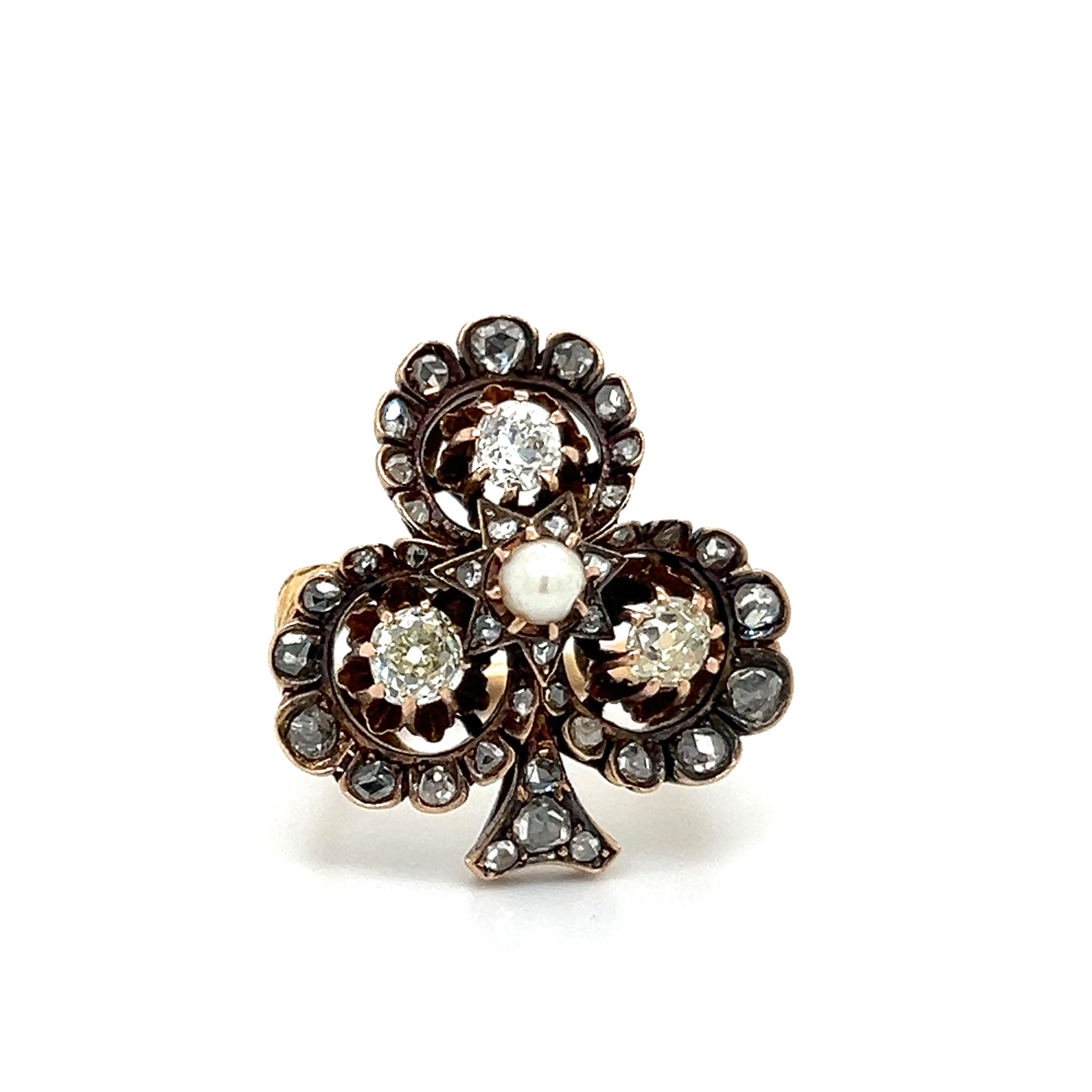 Viktorianischer vierblättriger Kleeblatt Ring Alte Mine Diamanten & Natürliche Perle Edelstein  für Damen oder Herren im Angebot