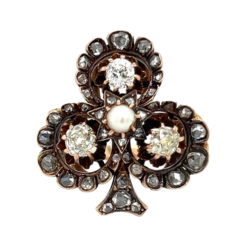 Anello vittoriano con quadrifoglio, Diamonds Mine e gemma di perla naturale in vendita