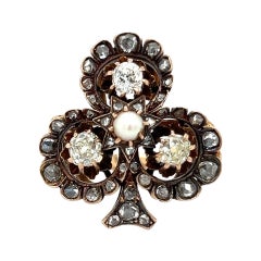 Victorian Four Leaf Clover Ring Old Mine Diamonds & Natural Pearl Gemstone