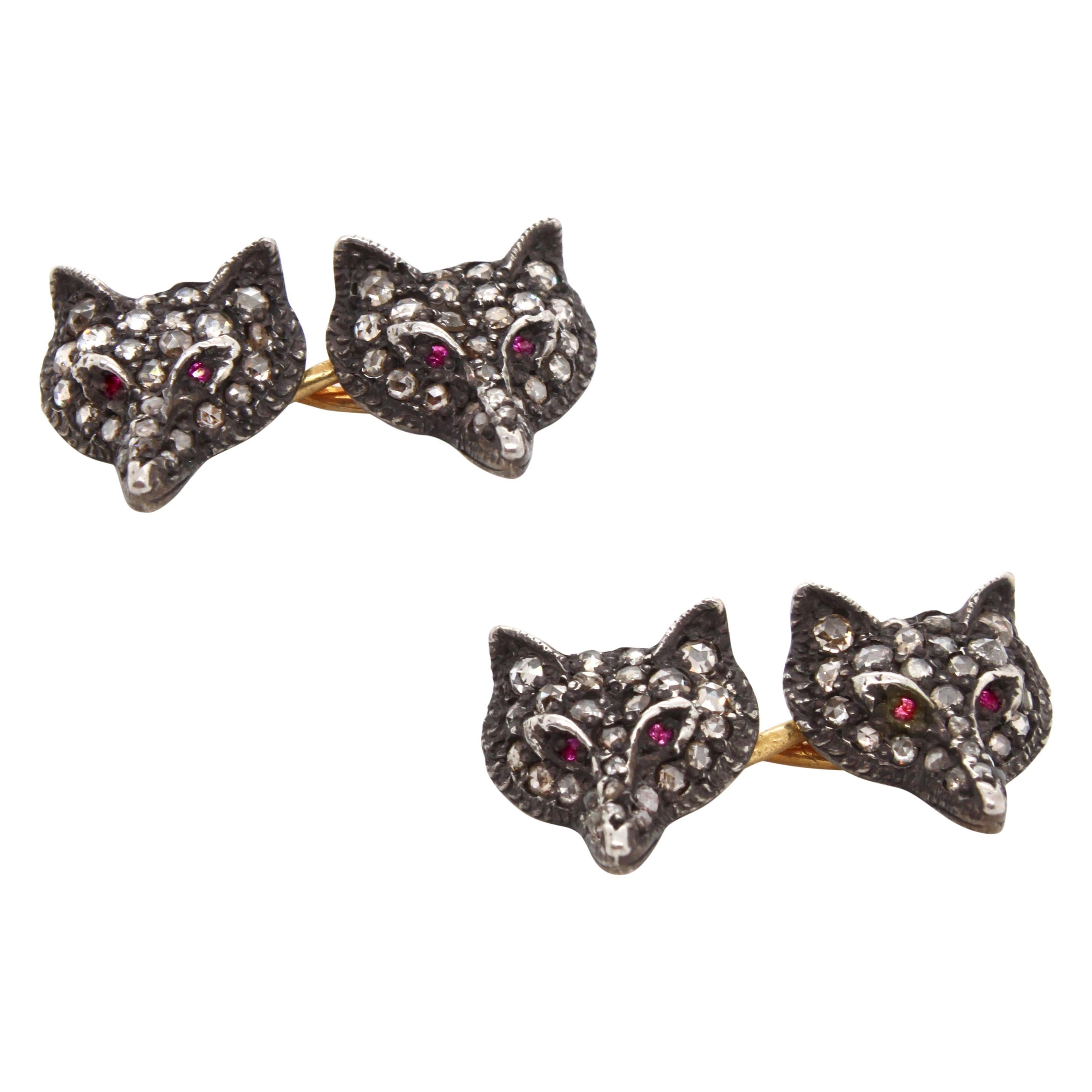 Victorian Fox Diamond and Ruby Cufflinks, circa 1880s