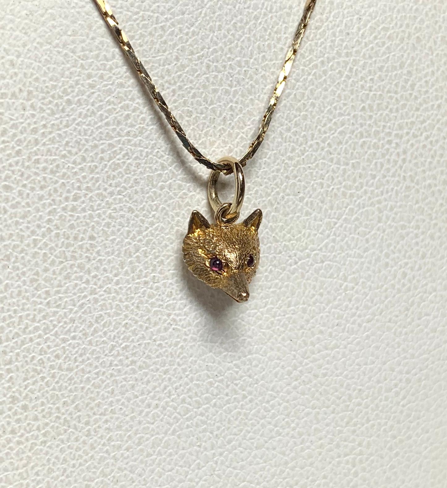 Round Cut Victorian Fox with Ruby Eyes Pendant Charm Gold