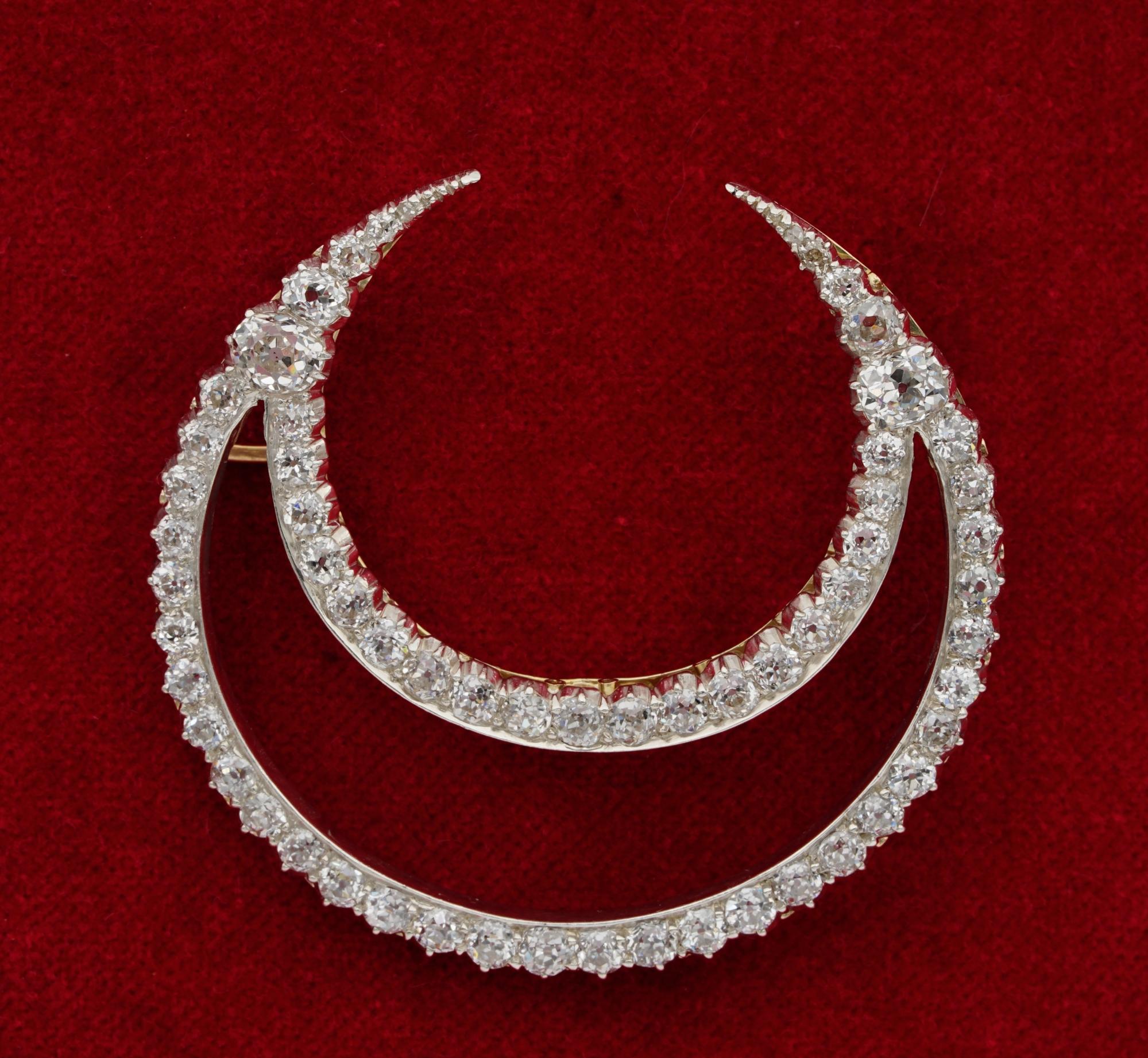 Old Mine Cut Victorian French 12.20 Ct Diamond Double Crescent Moon 18 KT Brooch For Sale