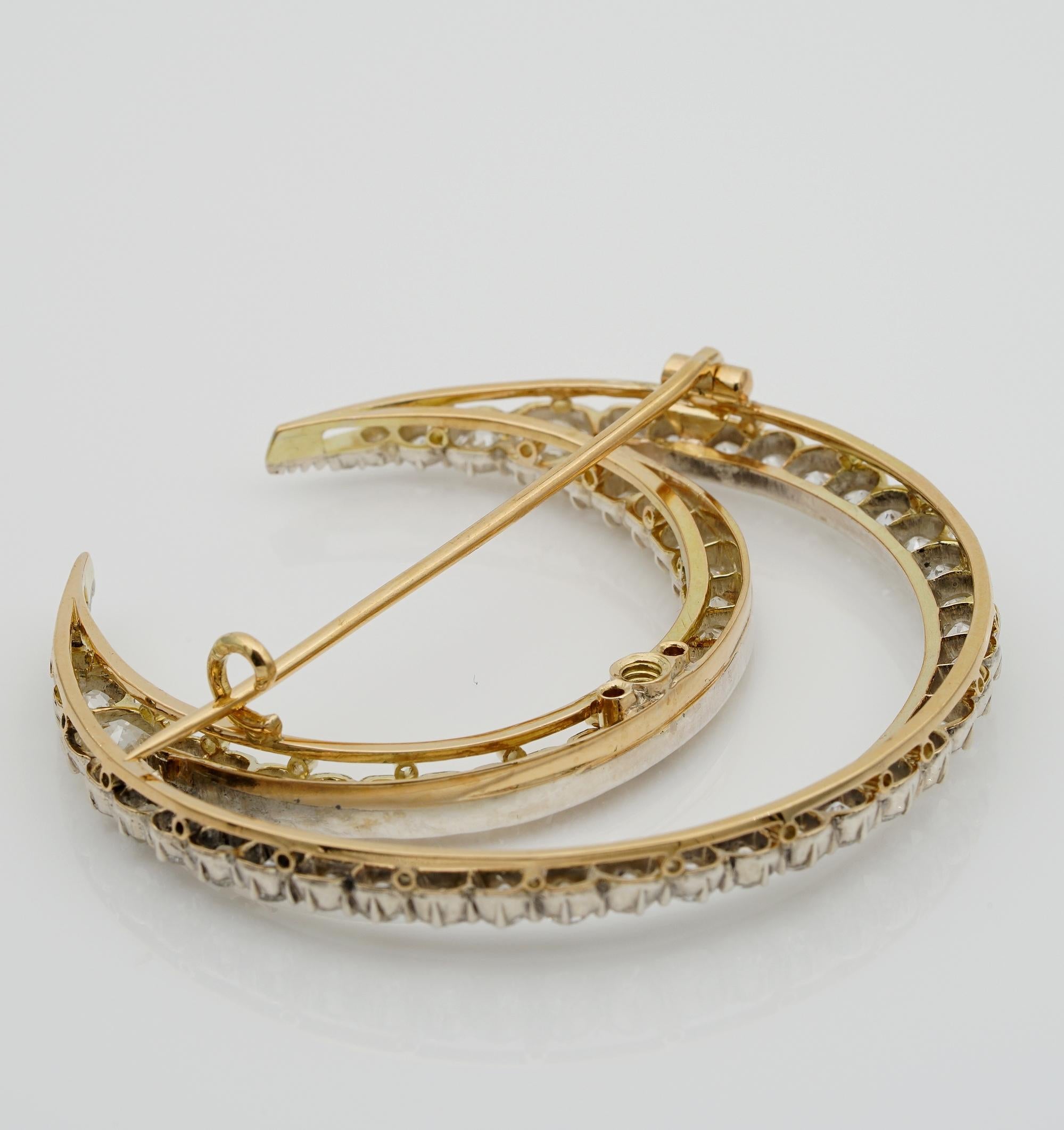 Women's or Men's Victorian French 12.20 Ct Diamond Double Crescent Moon 18 KT Brooch For Sale