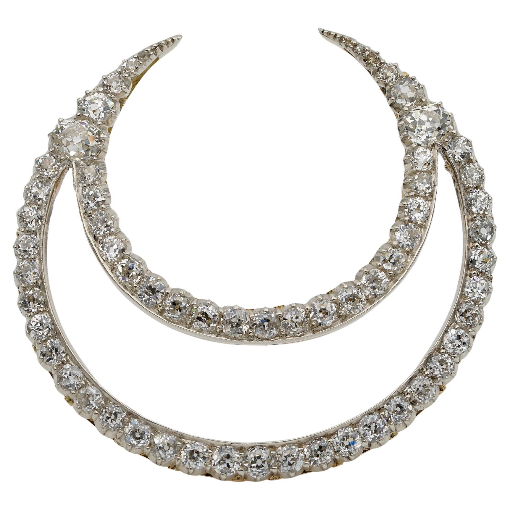 Victorian French 12.20 Ct Diamond Double Crescent Moon 18 KT Brooch For Sale