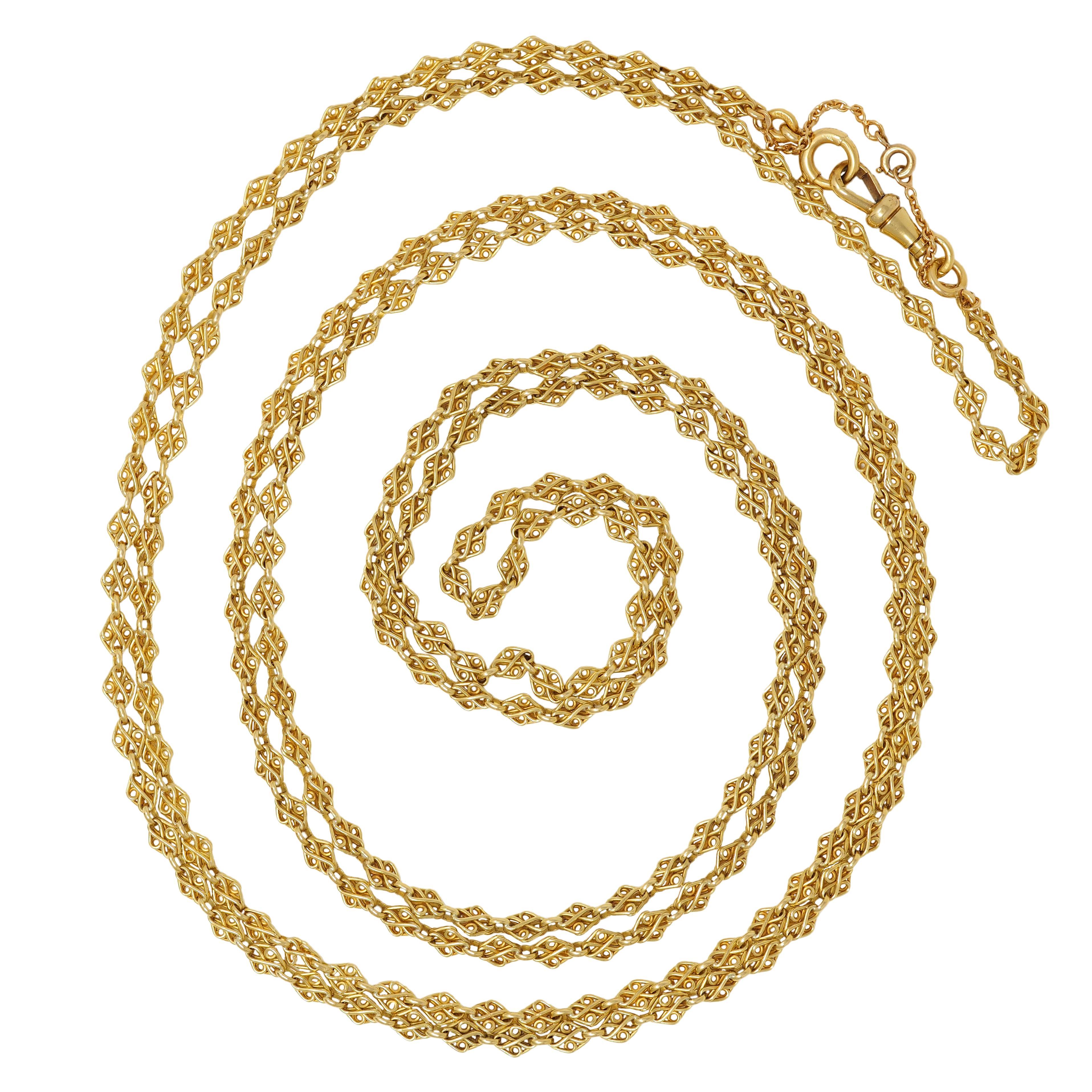 Victorien Chaîne à maillons en or jaune 18 carats de l'époque victorienne, 62 IN Long Antique Fancy Link Chain en vente