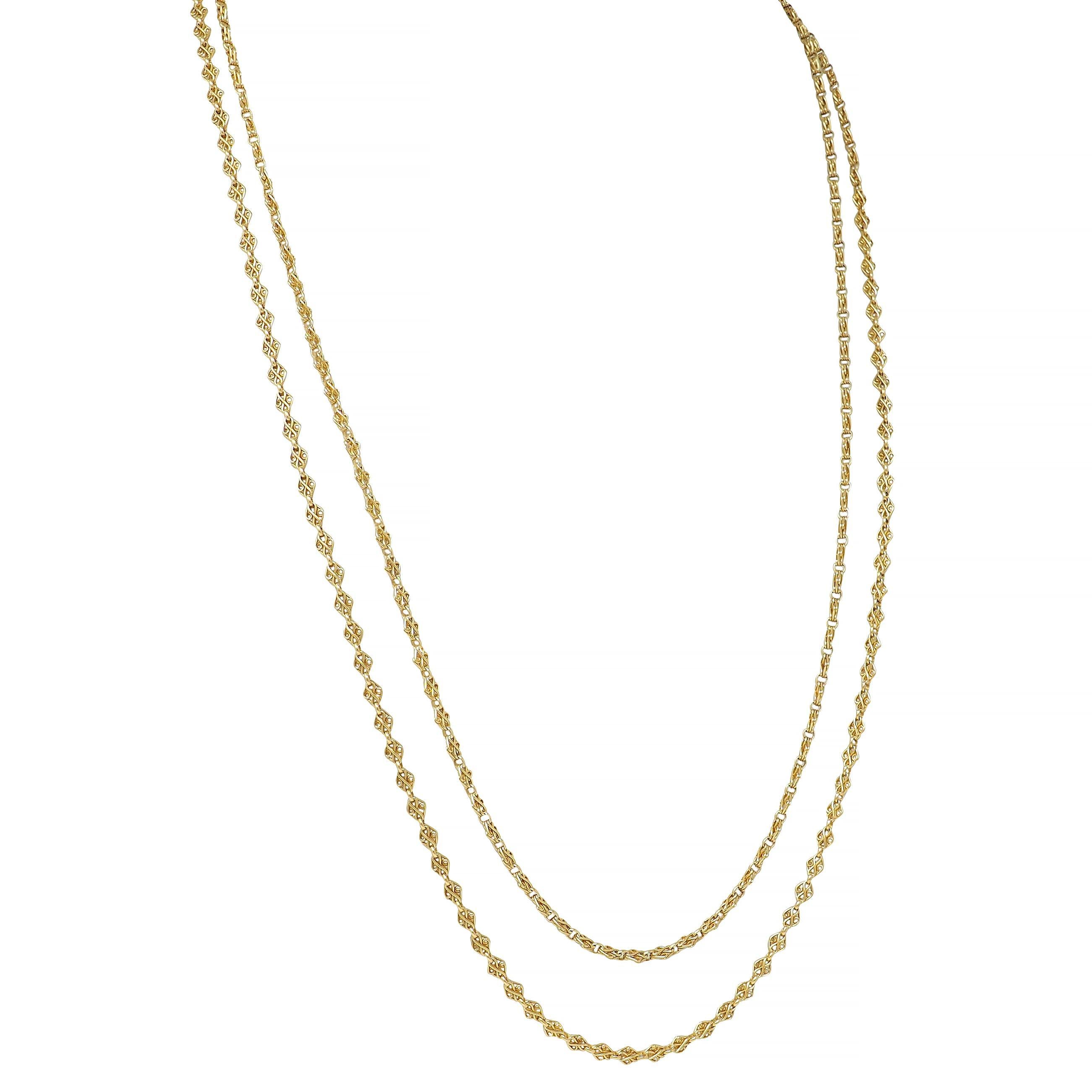 Chaîne à maillons en or jaune 18 carats de l'époque victorienne, 62 IN Long Antique Fancy Link Chain Excellent état - En vente à Philadelphia, PA