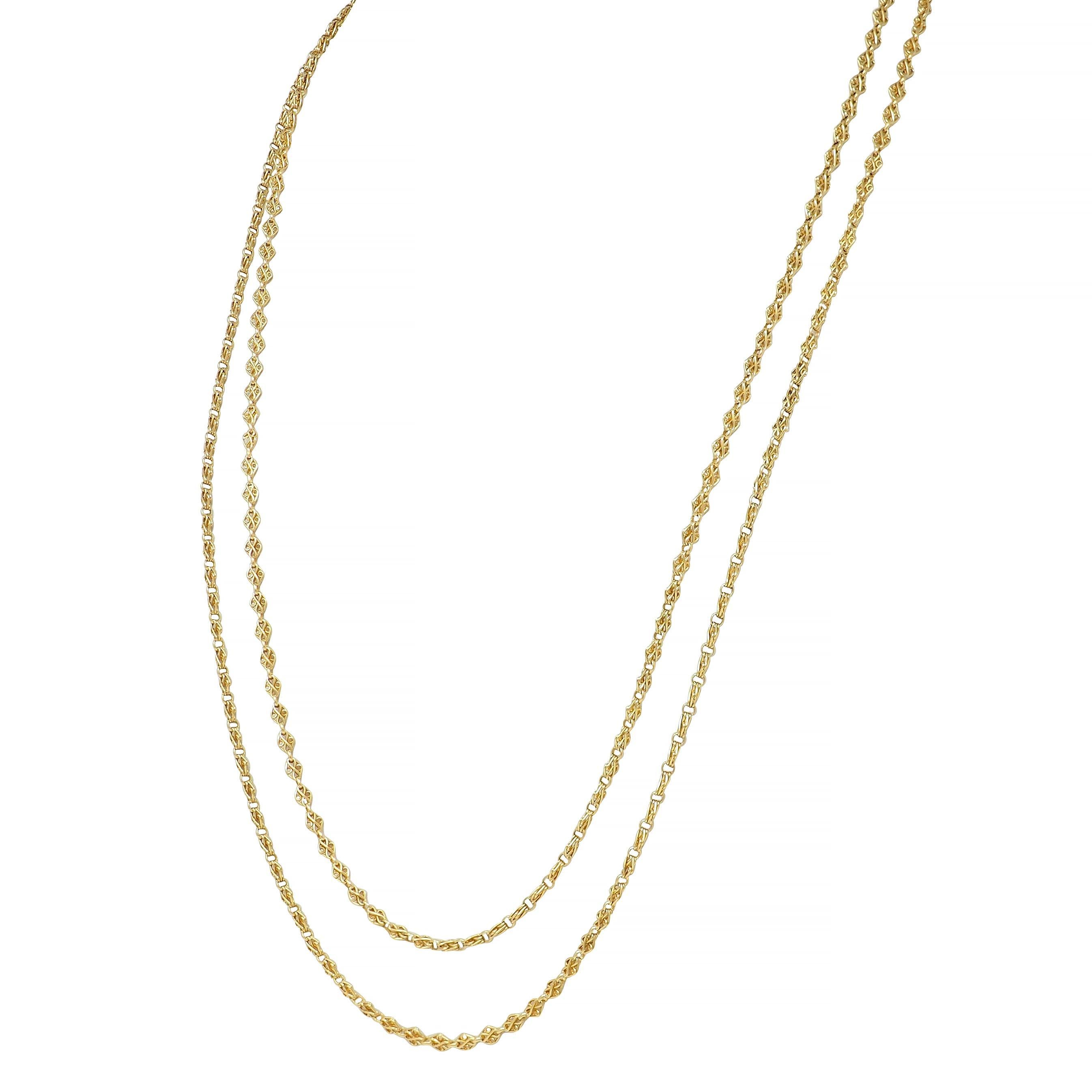 Chaîne à maillons en or jaune 18 carats de l'époque victorienne, 62 IN Long Antique Fancy Link Chain en vente 1