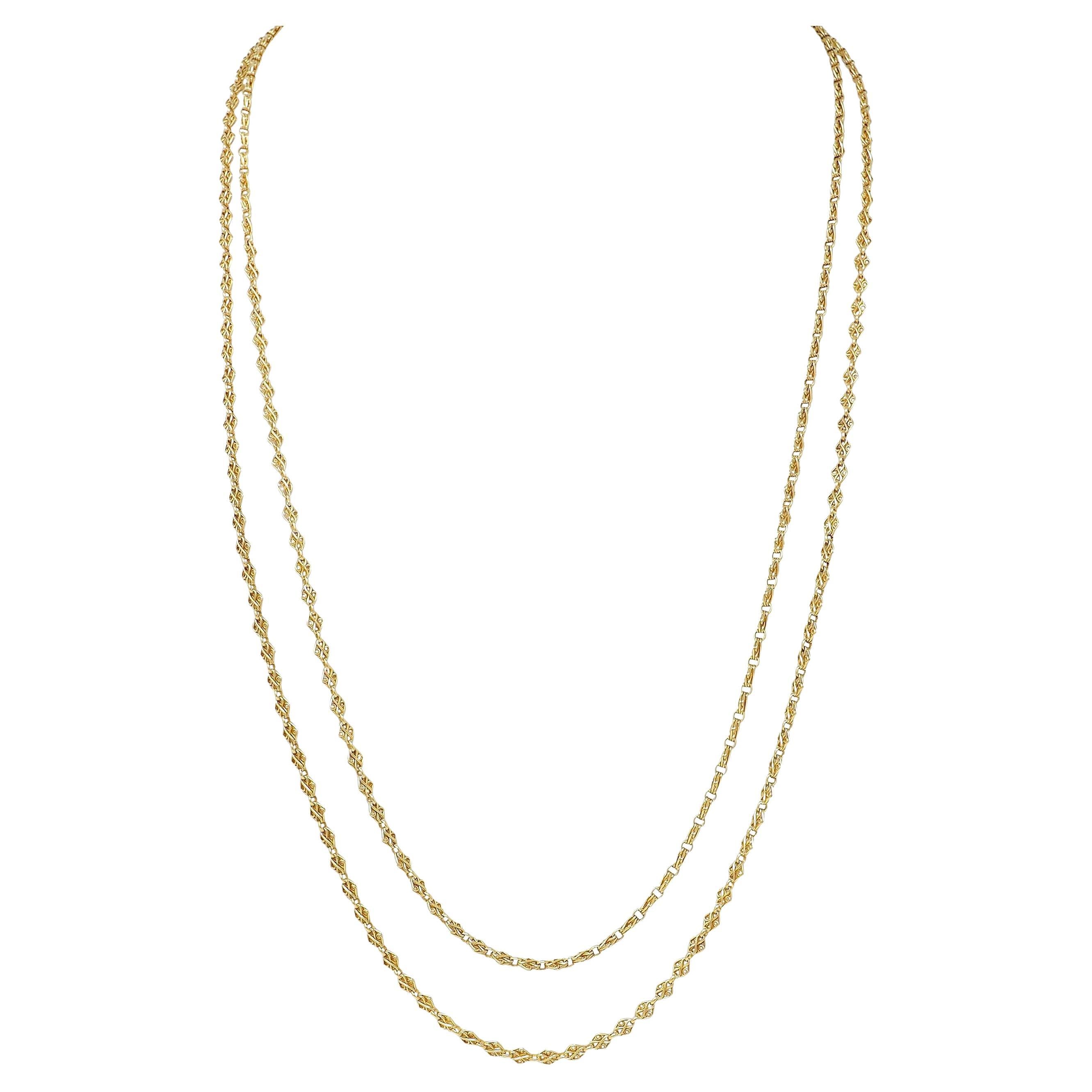 Victorian French 18 Karat Yellow Gold 62 IN Long Antique Fancy Link Chain