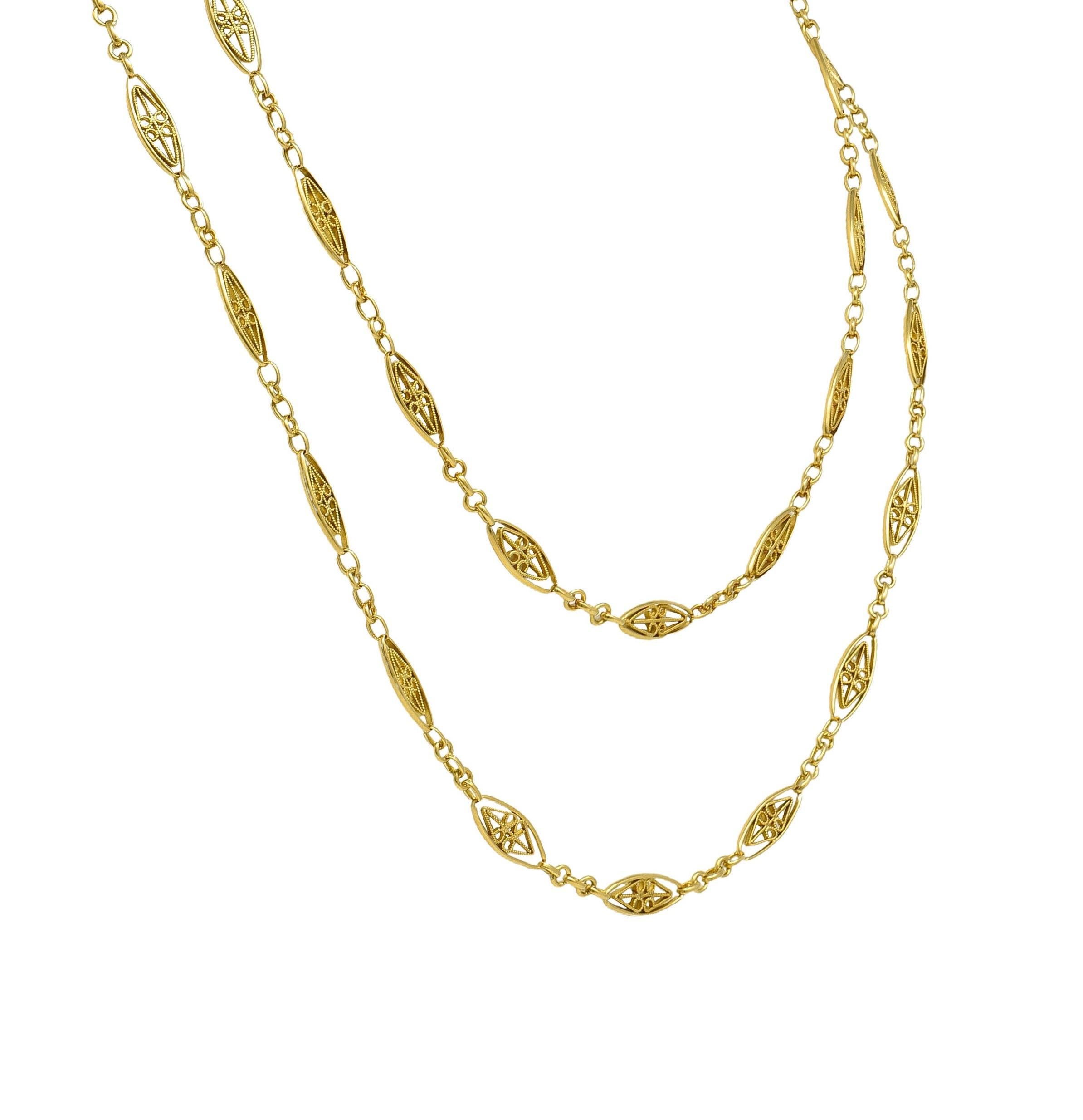 Victorian French 18 Karat Yellow Gold Heart Antique Fancy Navette Link Chain 2