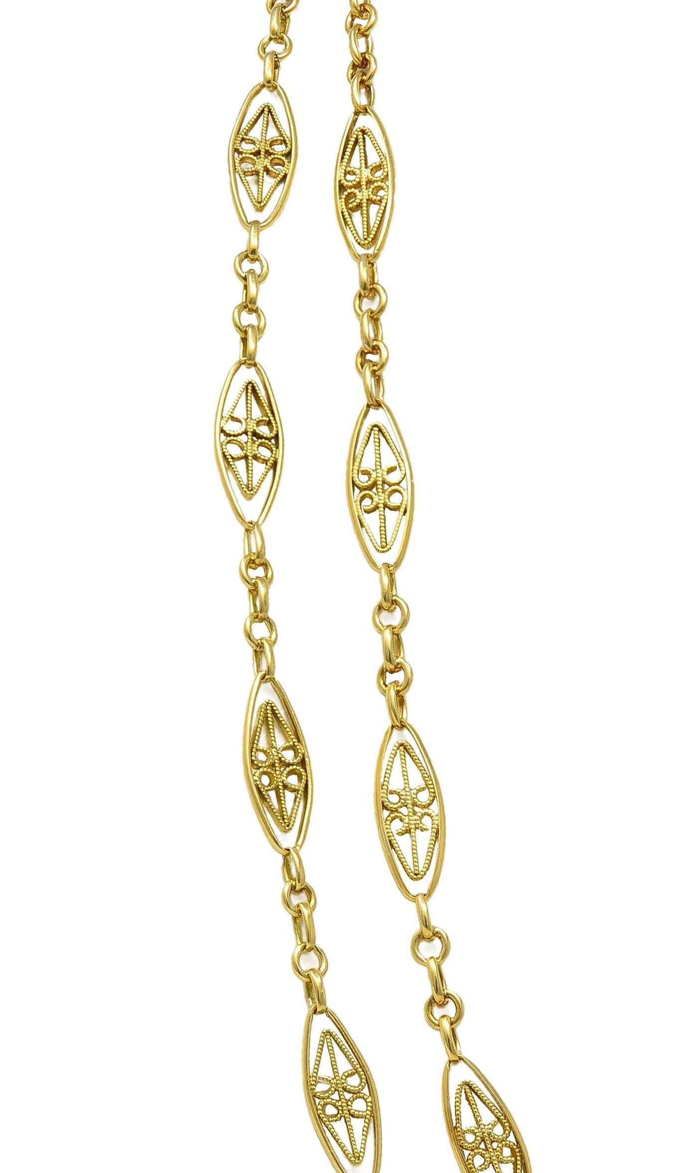 Victorian French 18 Karat Yellow Gold Heart Antique Fancy Navette Link Chain 4