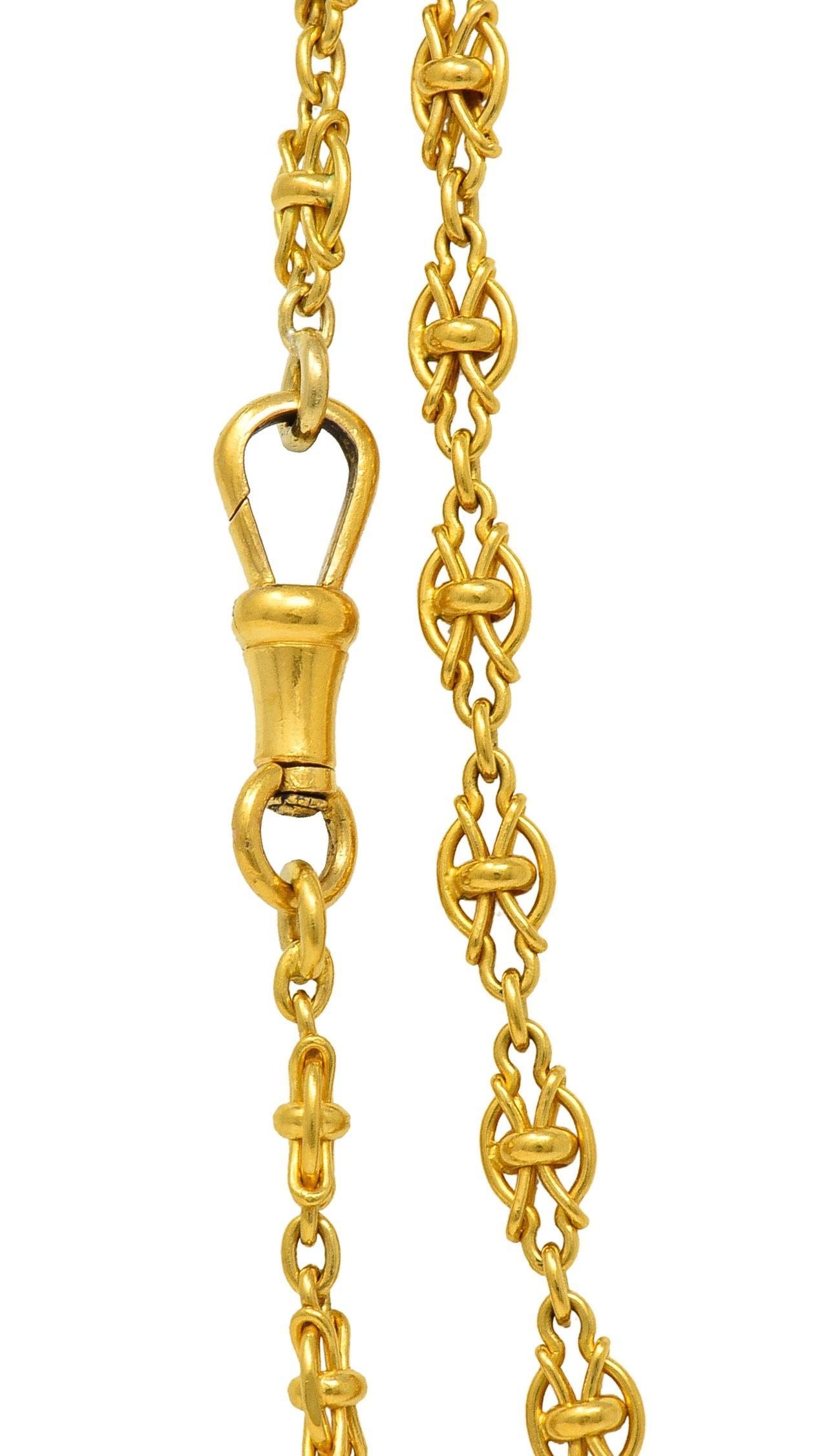 Collana francese vittoriana in oro giallo 18 carati con catena lunga e antica a forma di nodo in vendita 3